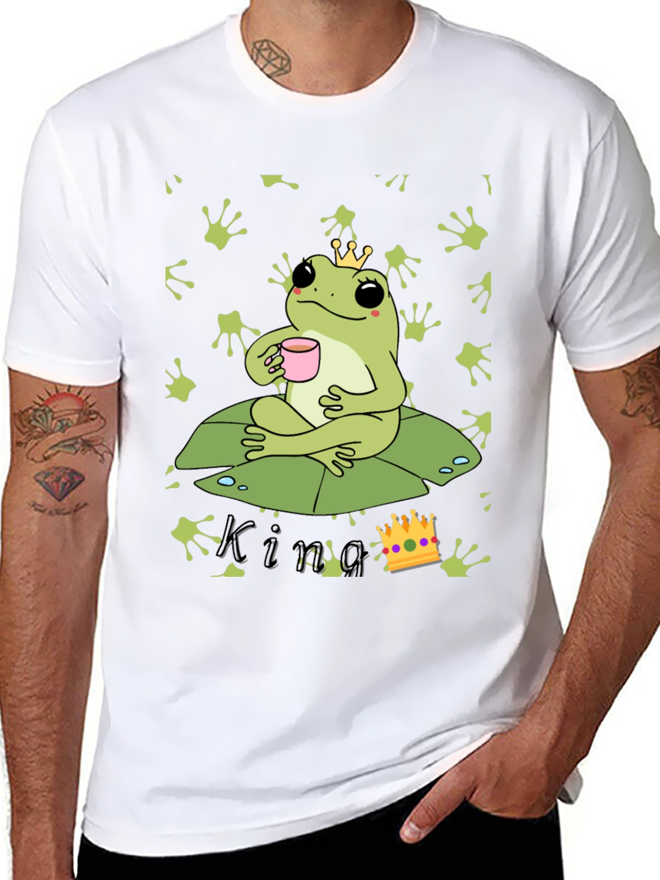 Black Frog King T-Shirt - Cute Frog with Crown Drinking Tea view 8