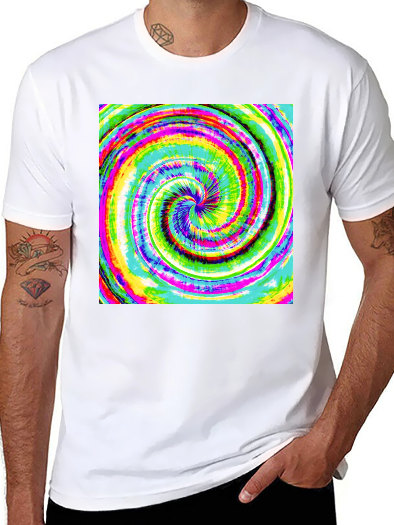 Black Psychedelic Swirl Tee - Vivid Rainbow Vortex Design view 8