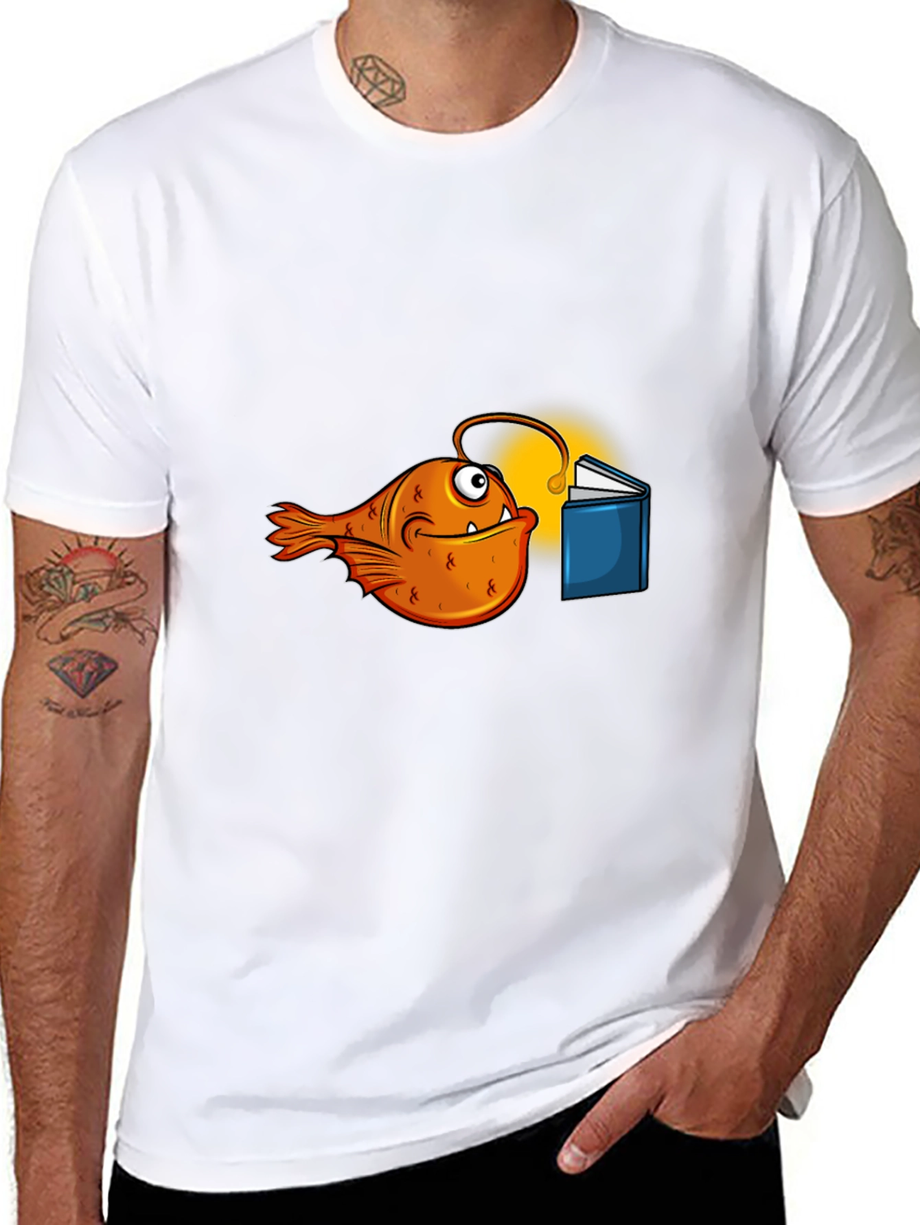 Black Anglerfish Reading Book Graphic T-Shirt view 8