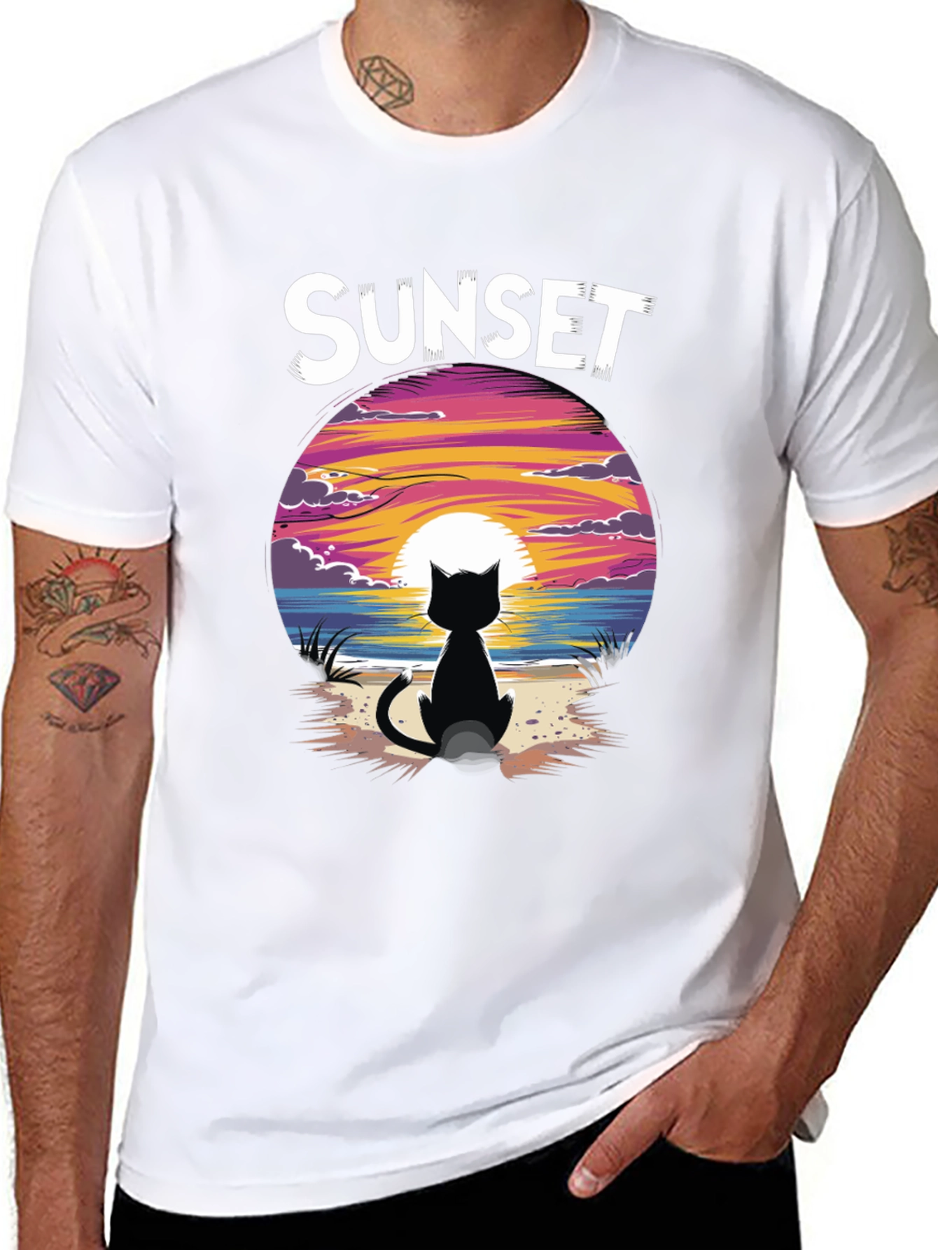 Black Sunset Cat Graphic Tee - Stylish Unisex Cotton T-Shirt view 8
