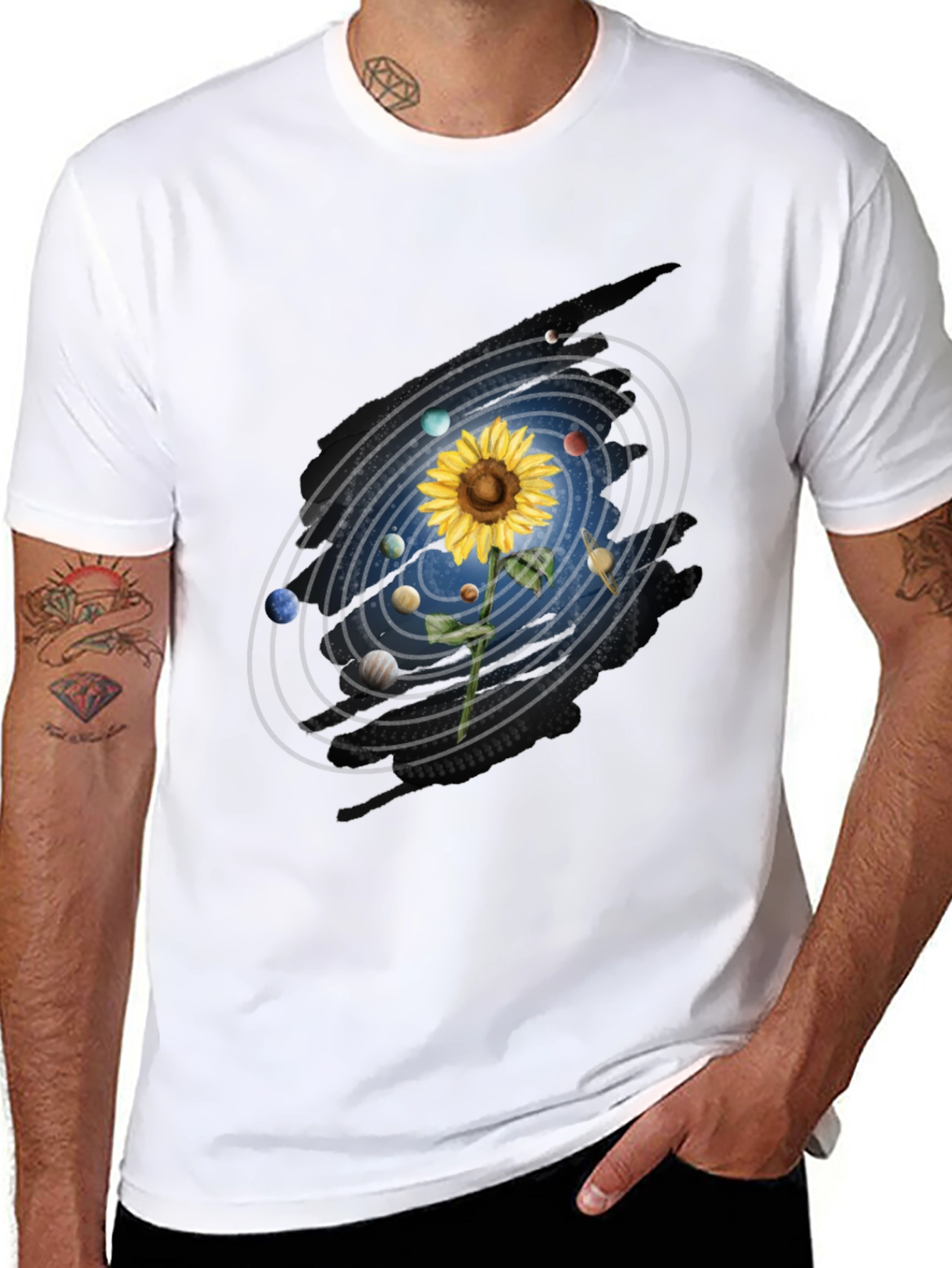 Black Sunflower Solar System Graphic Tee view 8