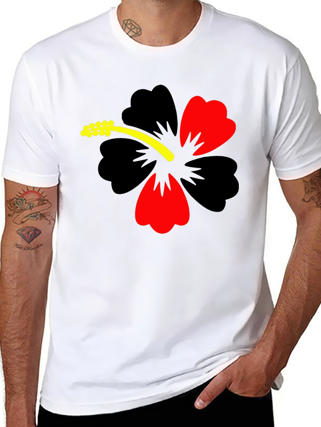 Black Hibiscus Flower Graphic Tee - Casual Black T-Shirt view 8