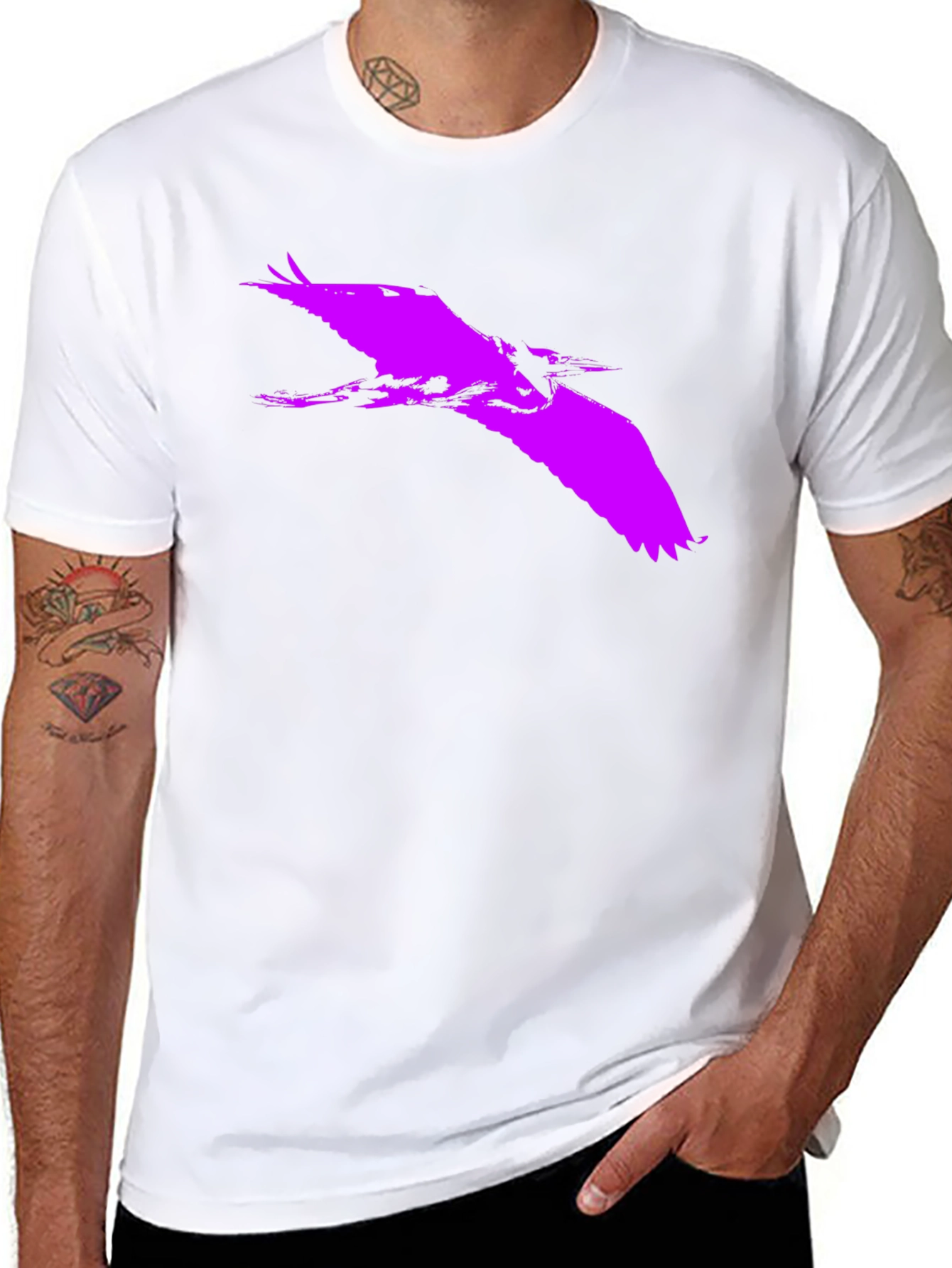 Black Bold Purple Heron Silhouette on Black Tee view 8