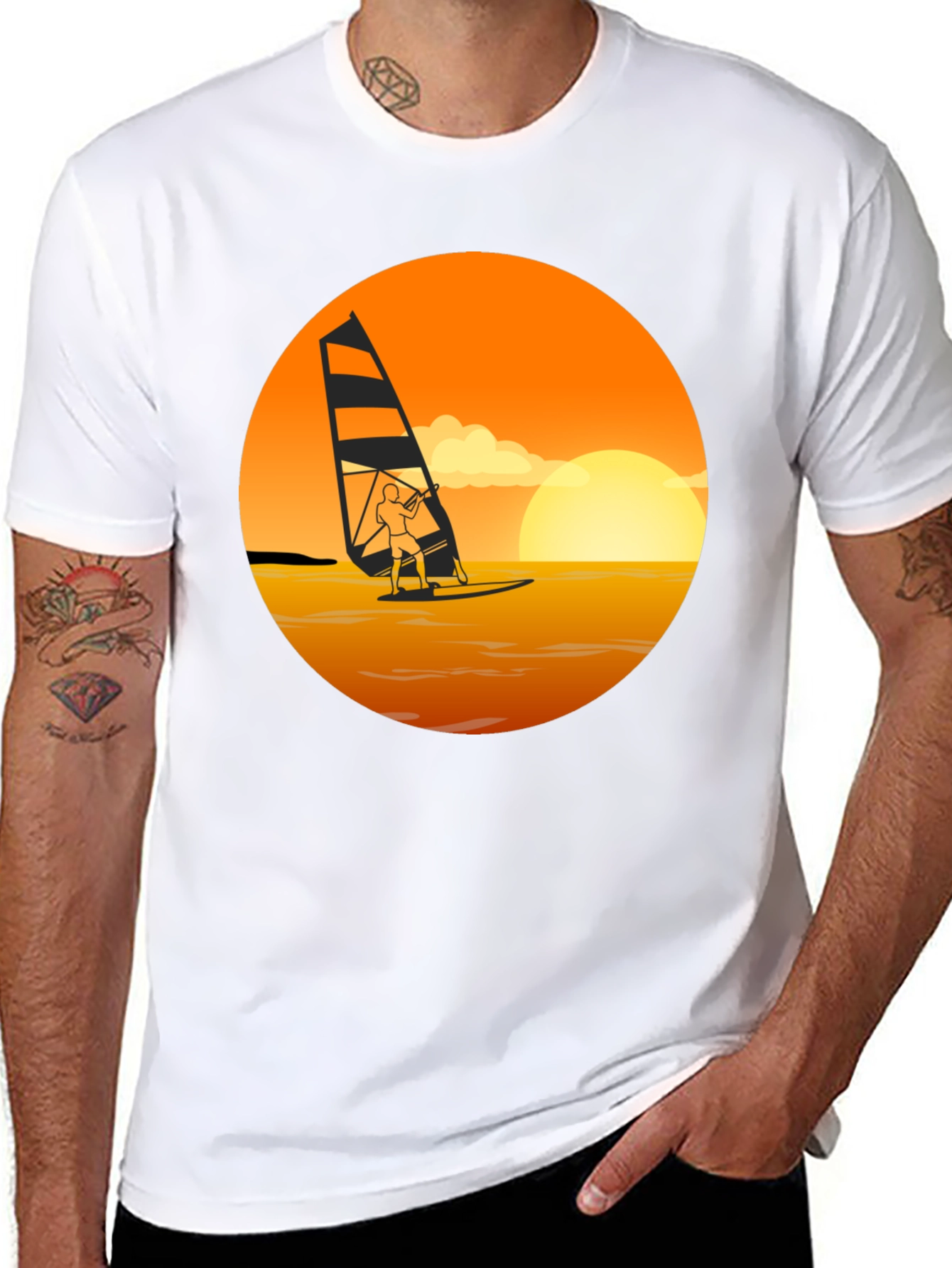 Black Windsurfing Sunset Graphic Tee - Black Cotton T-Shirt view 8