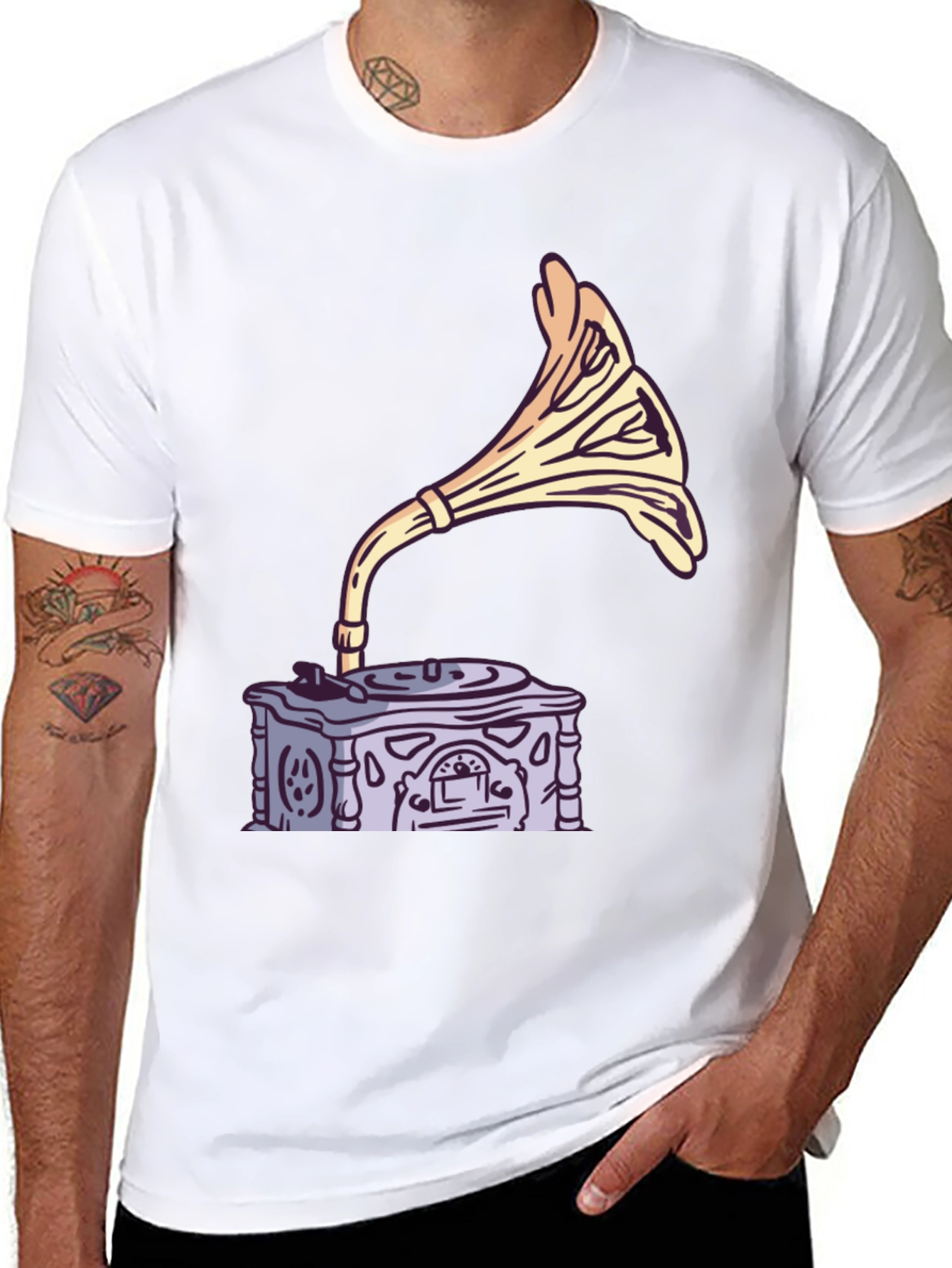Black Vintage Gramophone Graphic Tee - Retro Music Lover Shirt view 8