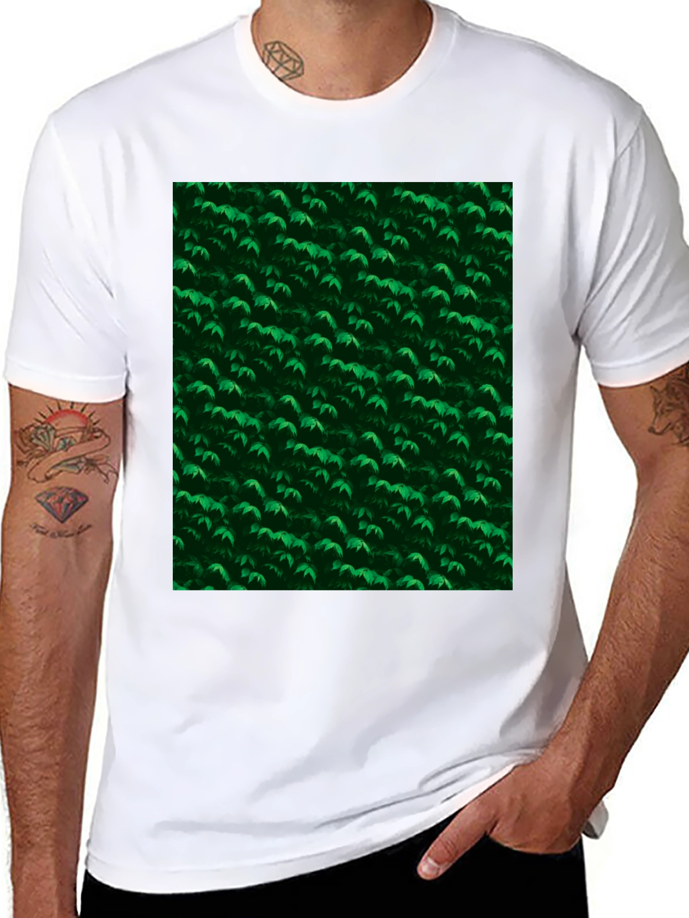 Black Green Leaves Pattern Black T-Shirt view 8