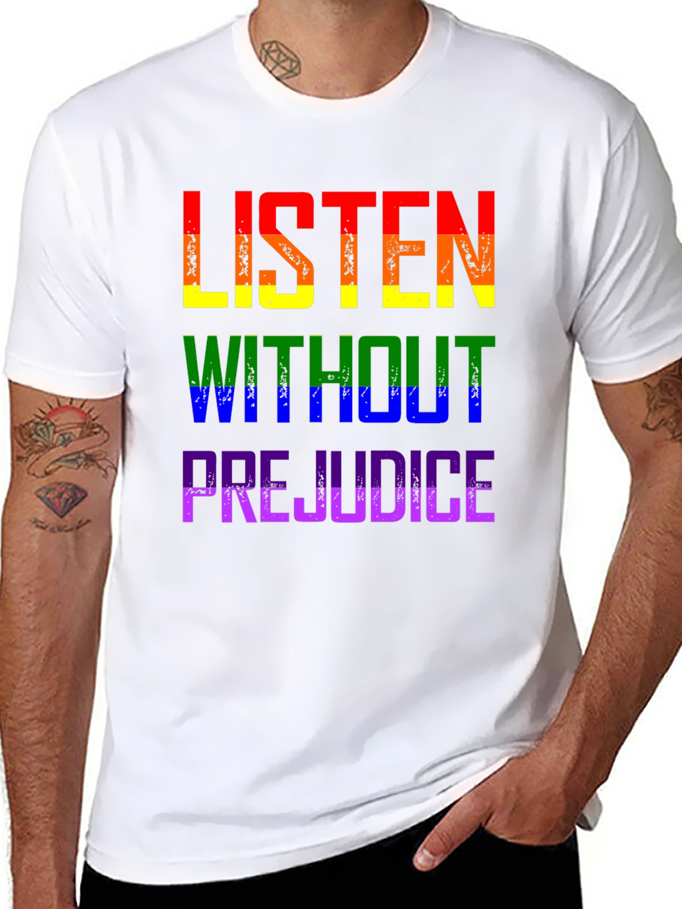 Black Listen Without Prejudice Pride Tee view 8