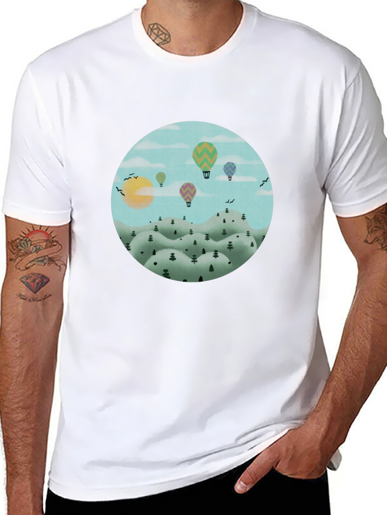 Black Hot Air Balloon Landscape Graphic Tee - Black Cotton view 8