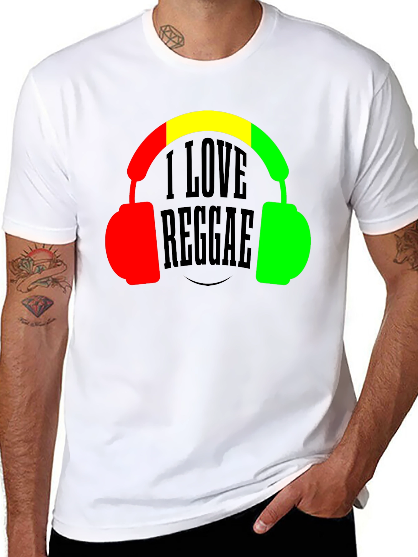Black I Love Reggae T-Shirt Headphones Jamaican Colors view 8