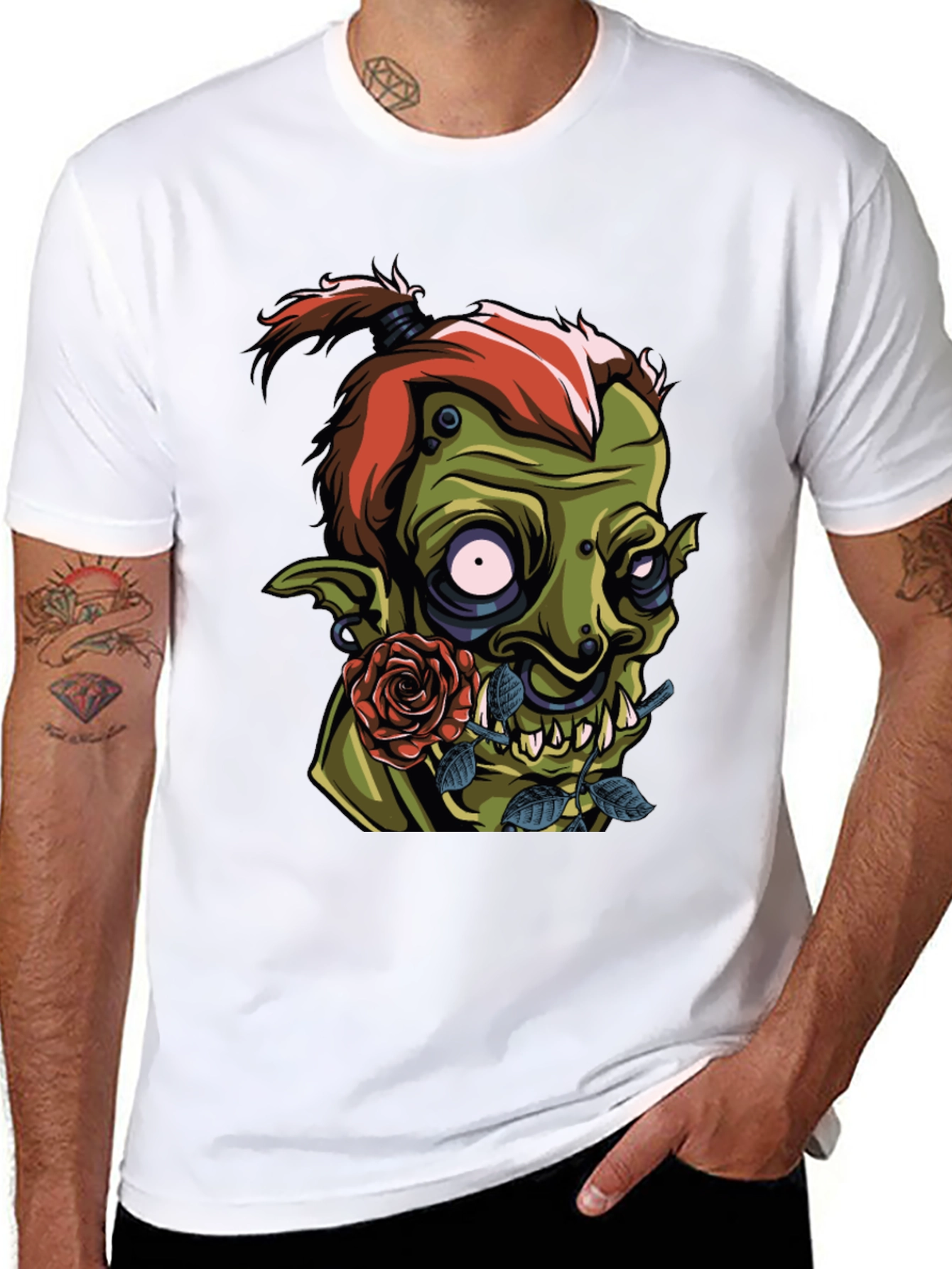 Black Men's Black T-Shirt - Goblin and Rose Design view 8