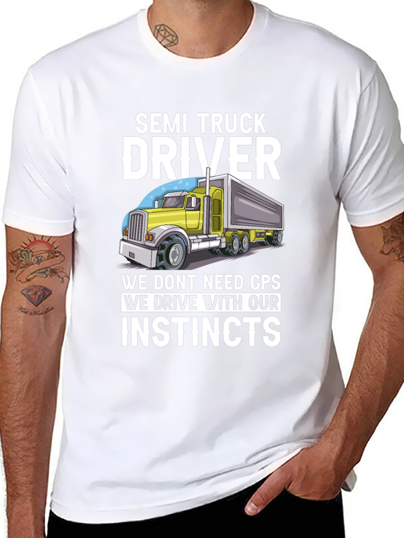 Black Semi Truck Driver Instincts Graphic Tee view 8