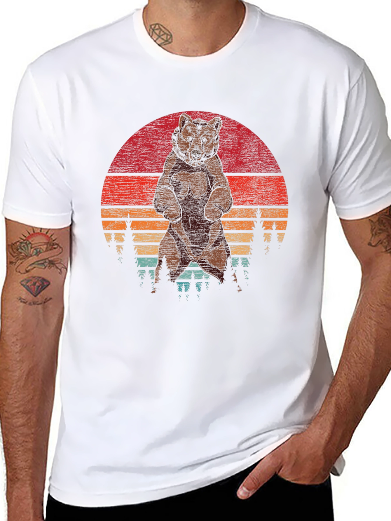 Black Retro Bear Sunset T-Shirt - Vintage Style Design view 8