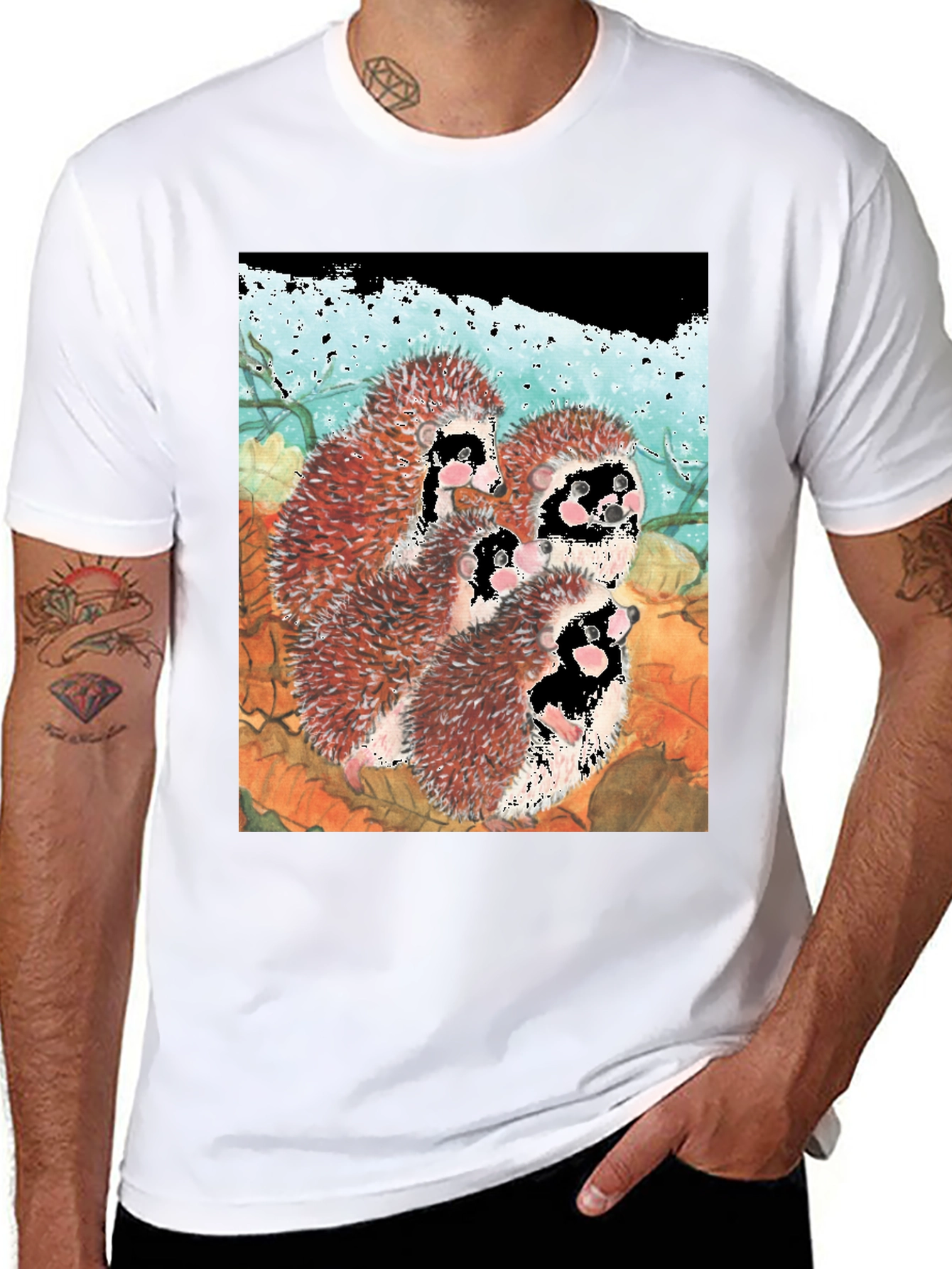 Black Hedgehog Family T-Shirt - Black Cotton Tee view 8
