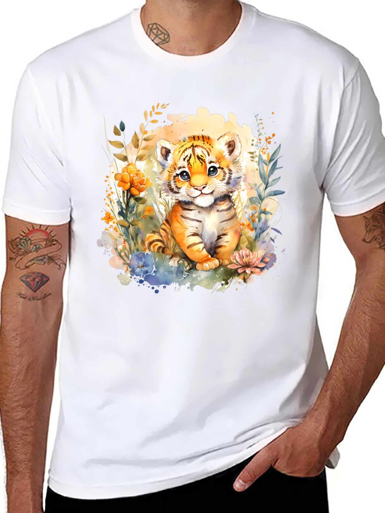 Black Cute Tiger Cub Floral Graphic T-Shirt view 8