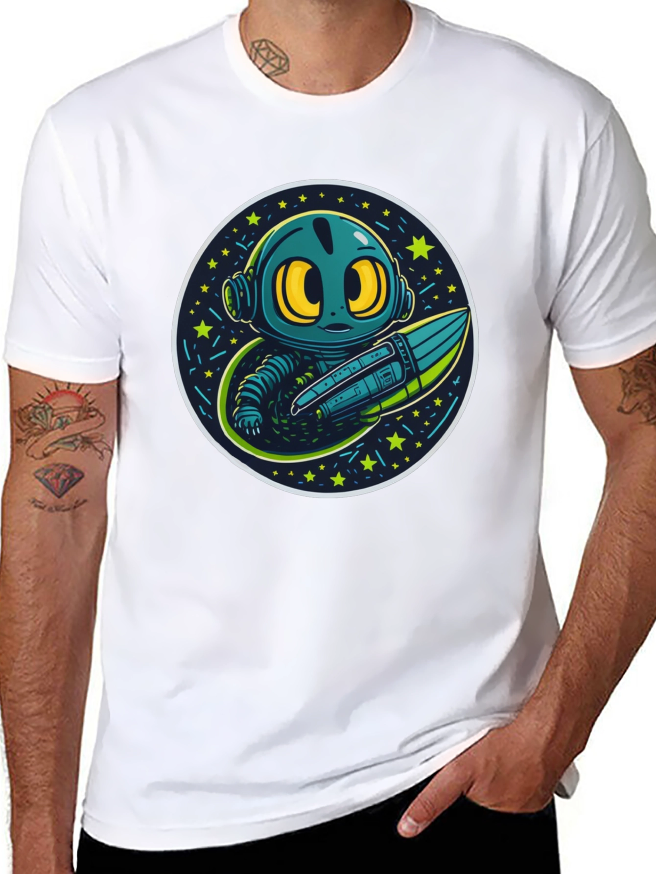 Black Cartoon Alien Rocket Black T-Shirt view 8
