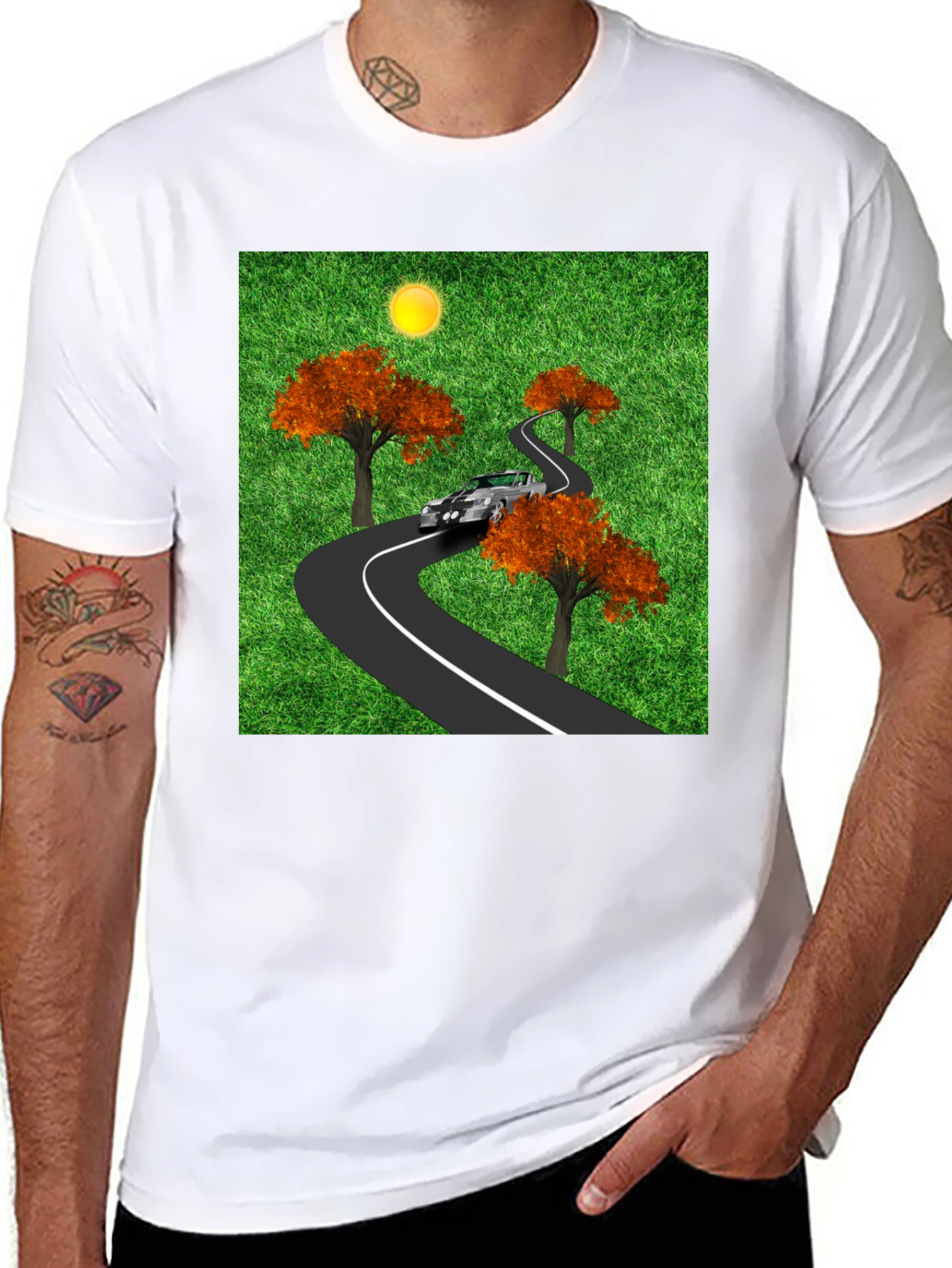 Black Road Trip T-Shirt - Car, Trees, and Scenic Route view 8