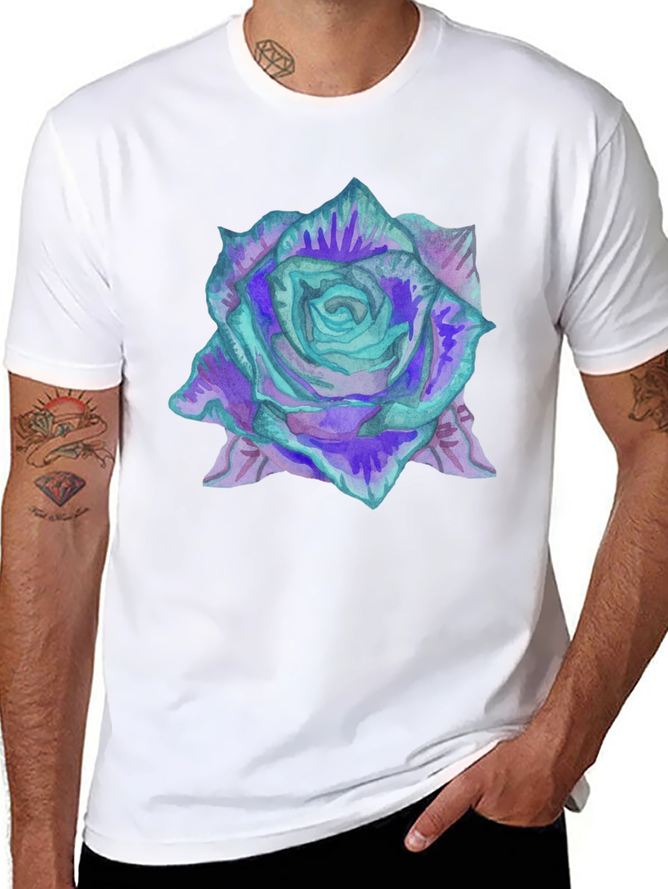Black Watercolor Rose Print Black Tee view 8