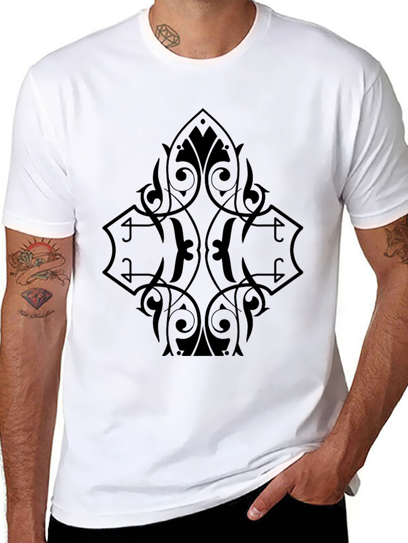 Black Men's Black Graphic Tee - Ornate Diamond Design view 8