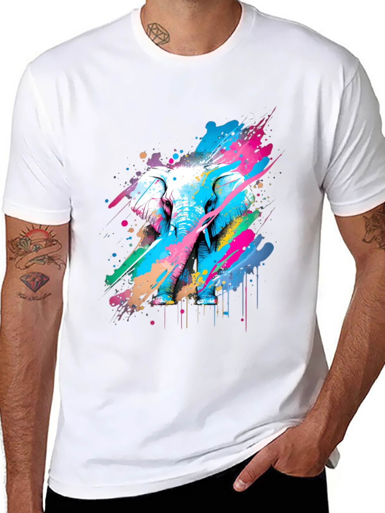 Black Colorful Elephant Graphic T-Shirt - Artistic Design view 8