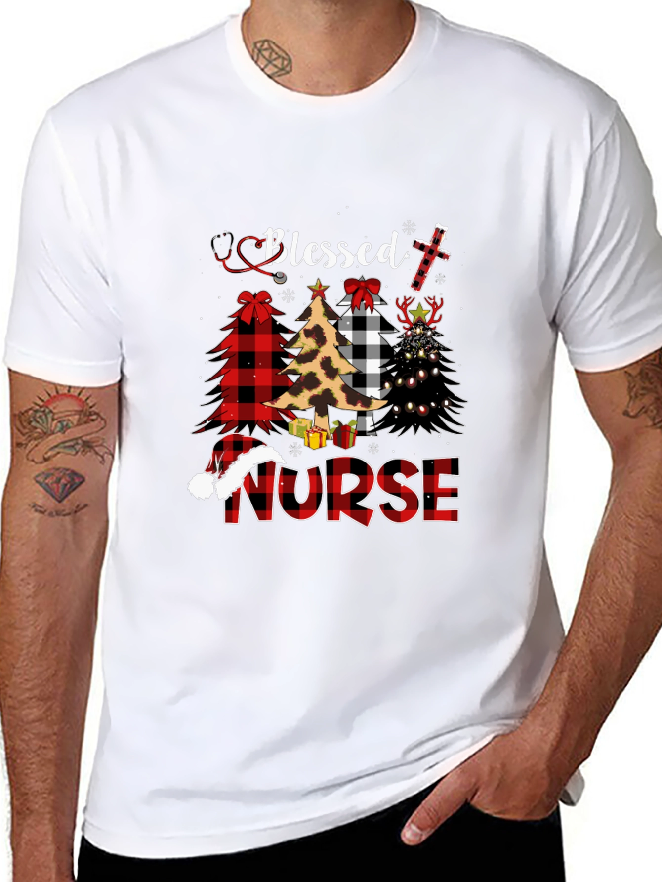 Black Blessed Nurse Christmas Tree Plaid T-Shirt view 8