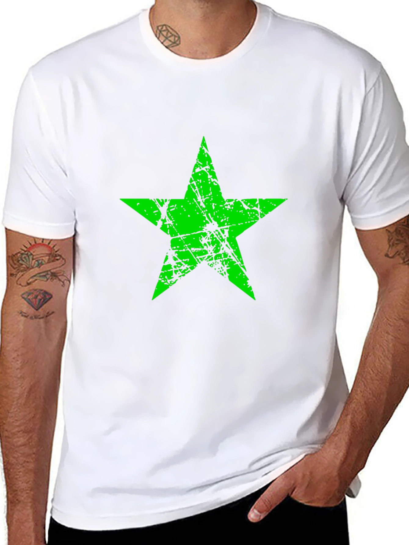 Black Grunge Green Star Graphic Black T-Shirt view 8