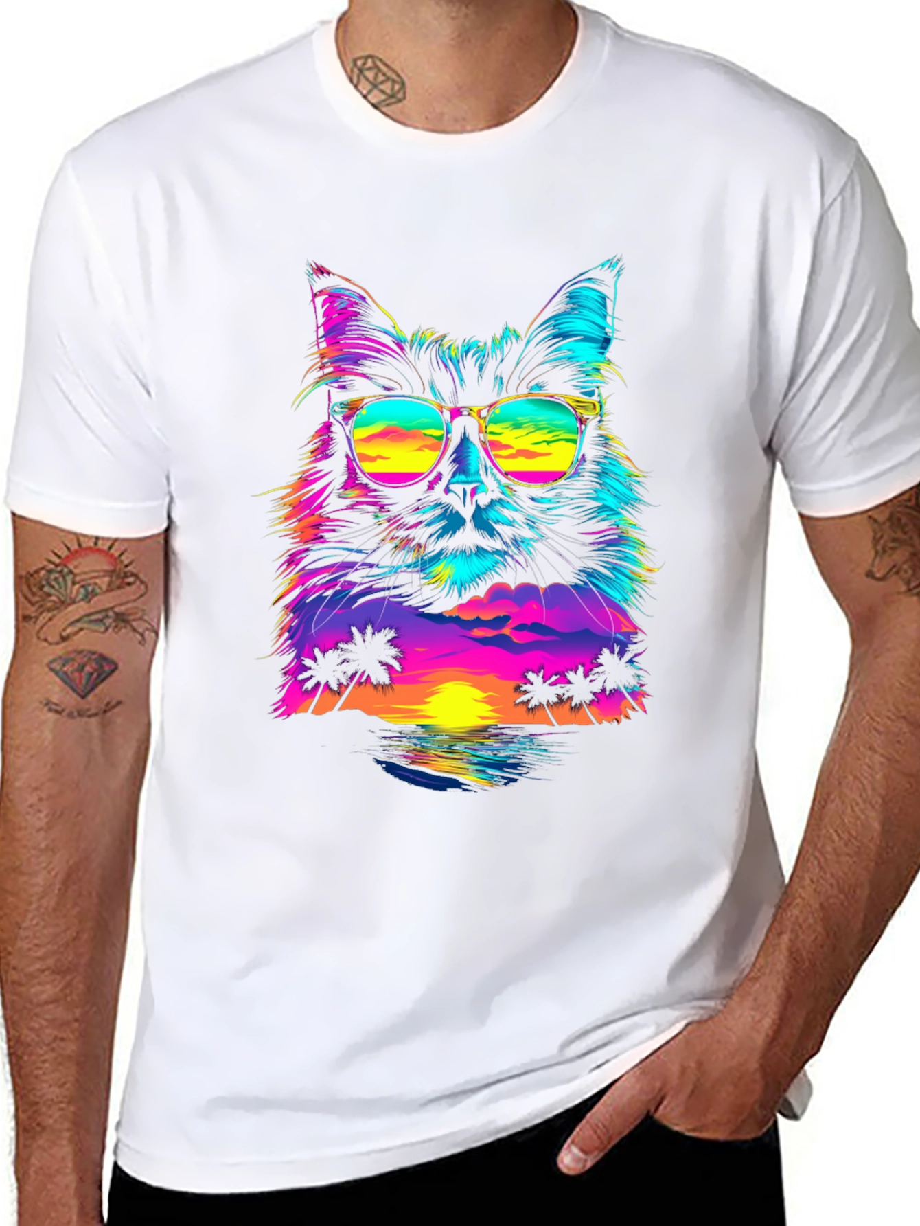 Black Retro Sunset Cat T-Shirt - Vibrant Graphic Tee view 8