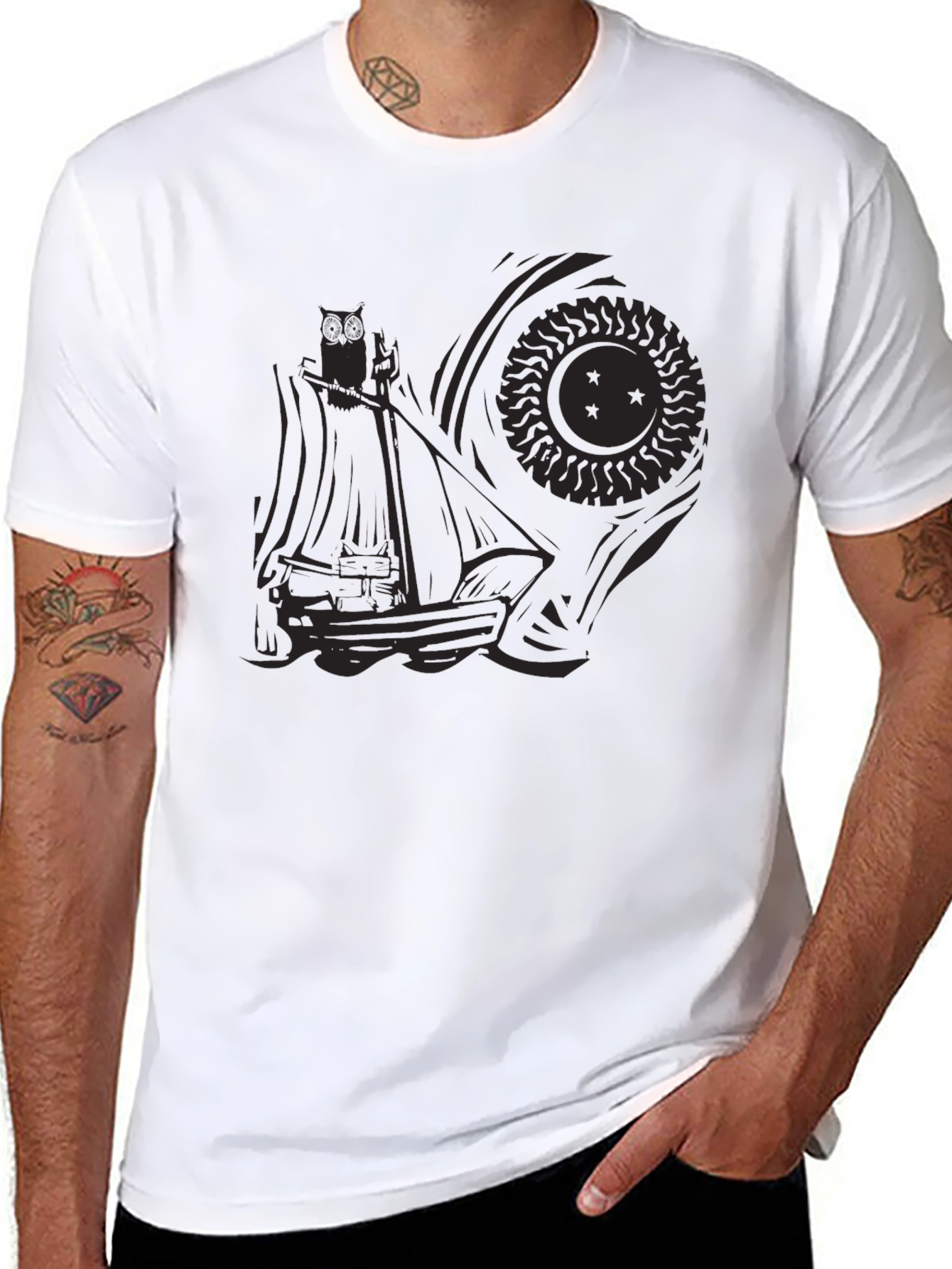 Black Men's Black Graphic Tee - Ship and Sun Design view 8