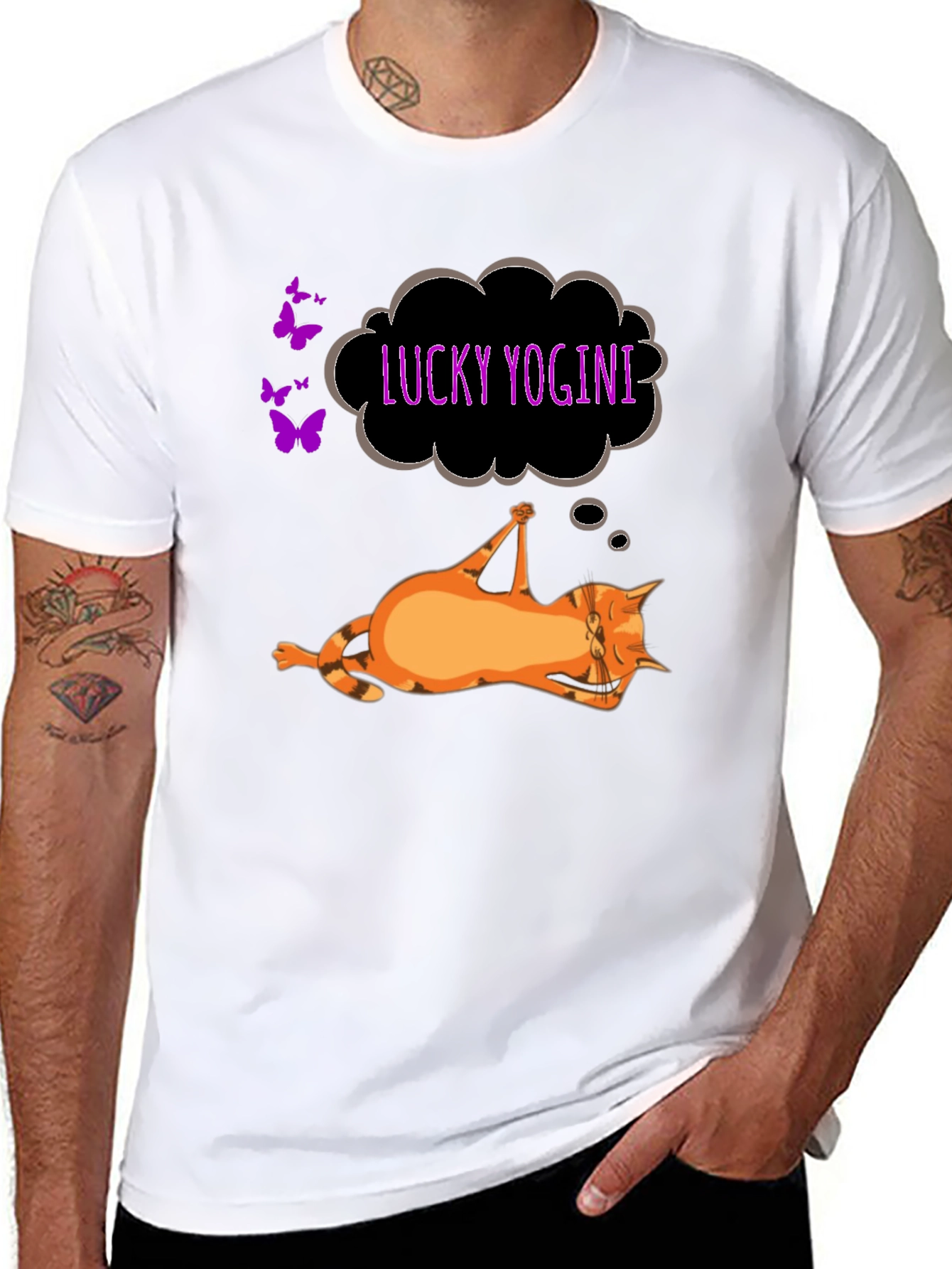 Black Lucky Yogini Cat Black T-Shirt view 8