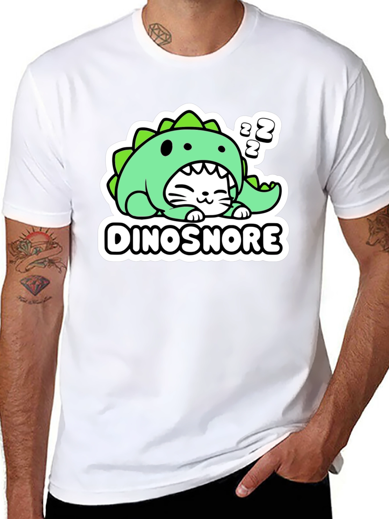 Black Dinosnore Cat T-Shirt - Funny Sleeping Dinosaur Tee view 8