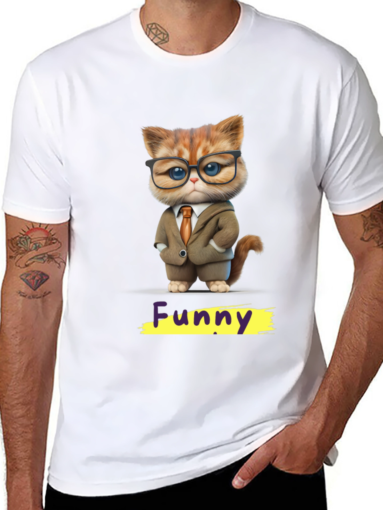 Black Funny Cat in Suit Graphic Tee view 8