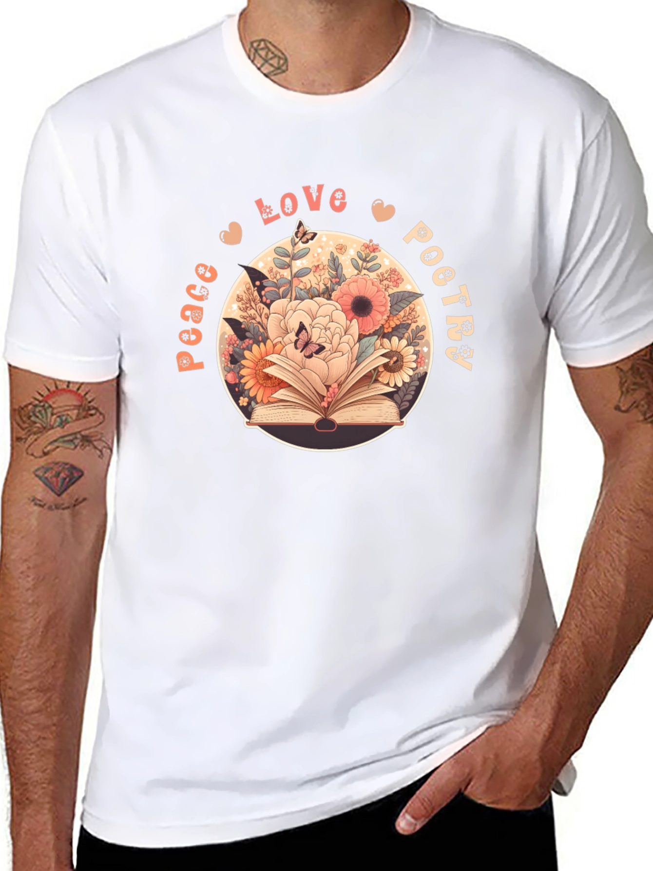 Black Peace Love Poetry T-Shirt - Floral Book Design view 8