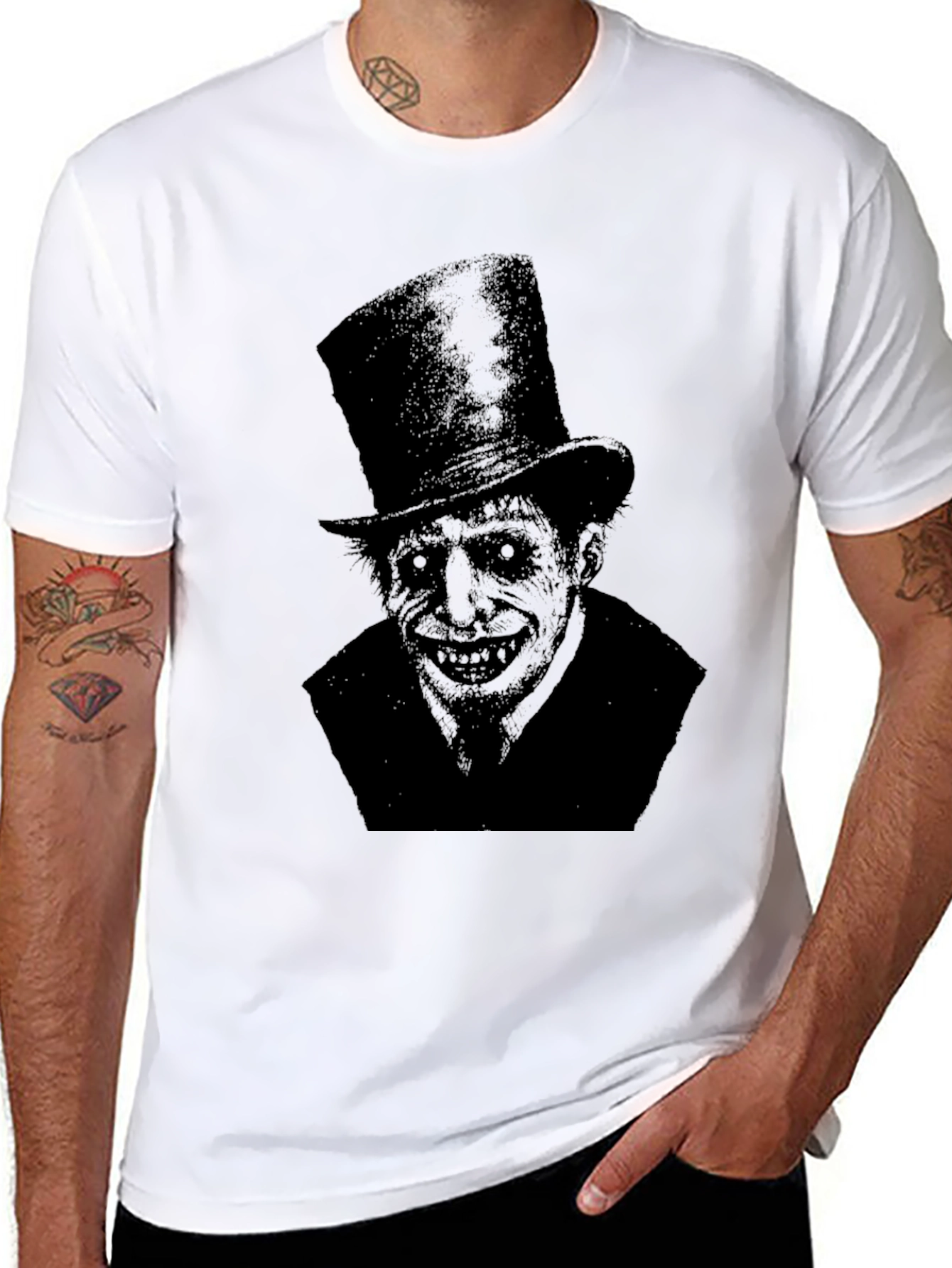 Black Eerie Top Hat Man Graphic Tee - Dark Humor Style view 8
