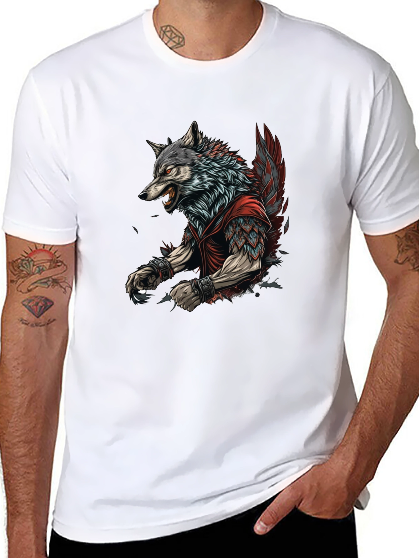 Black Wolf Warrior Graphic Print Black T-Shirt view 8