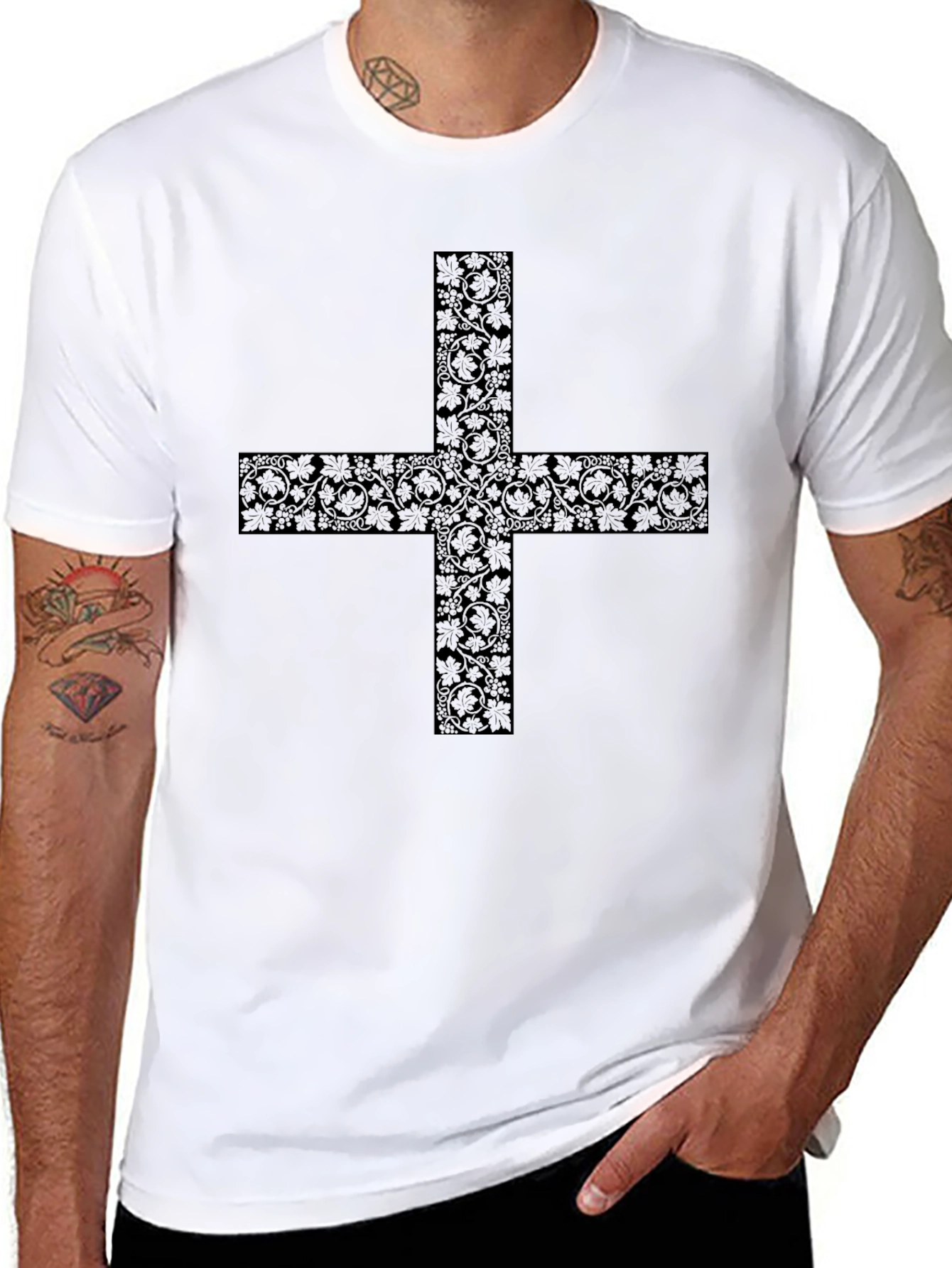 Black Floral Cross Graphic Black T-Shirt view 8