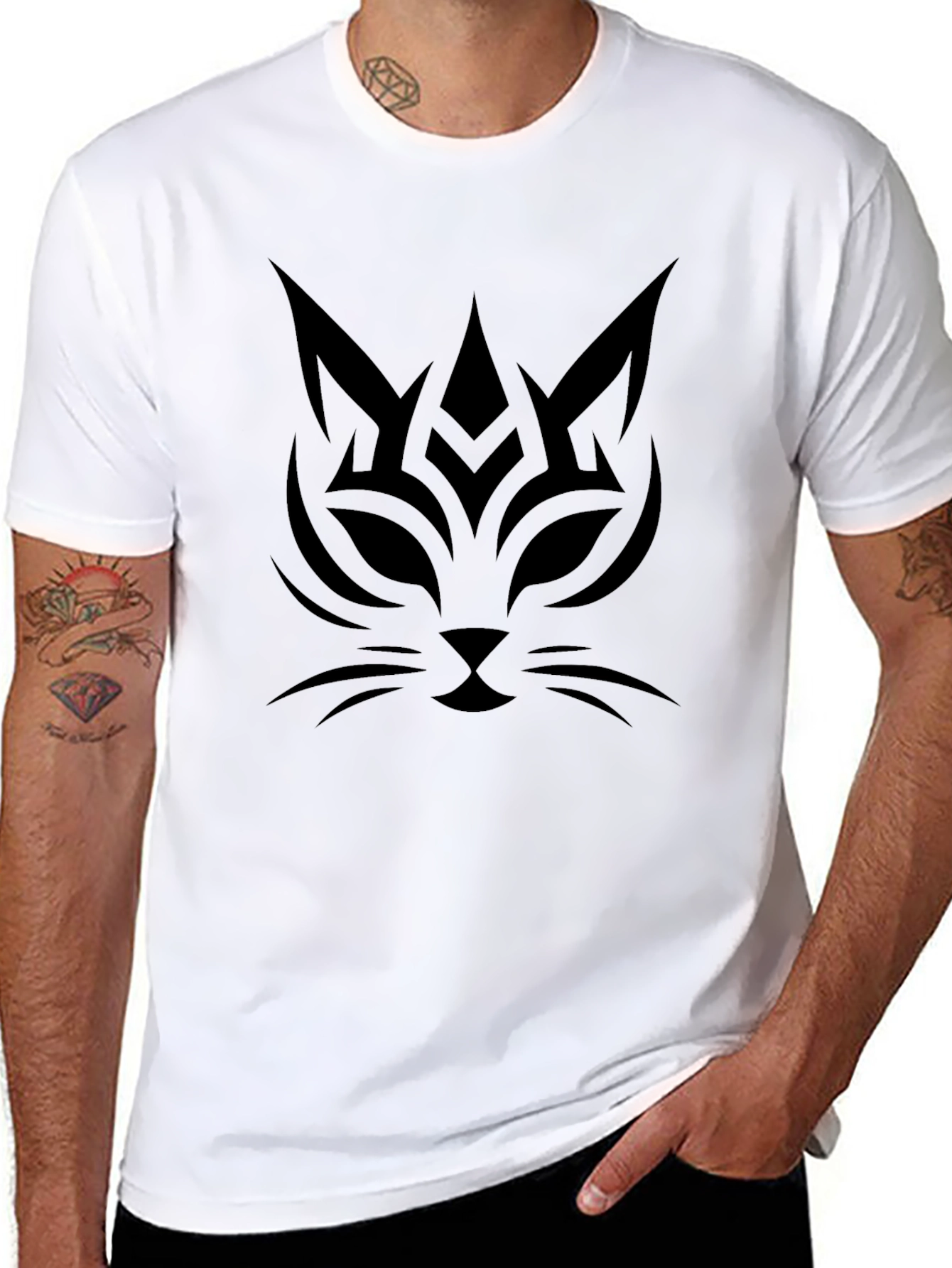 Black Tribal Cat Graphic Tee - Black Cotton Comfort view 8