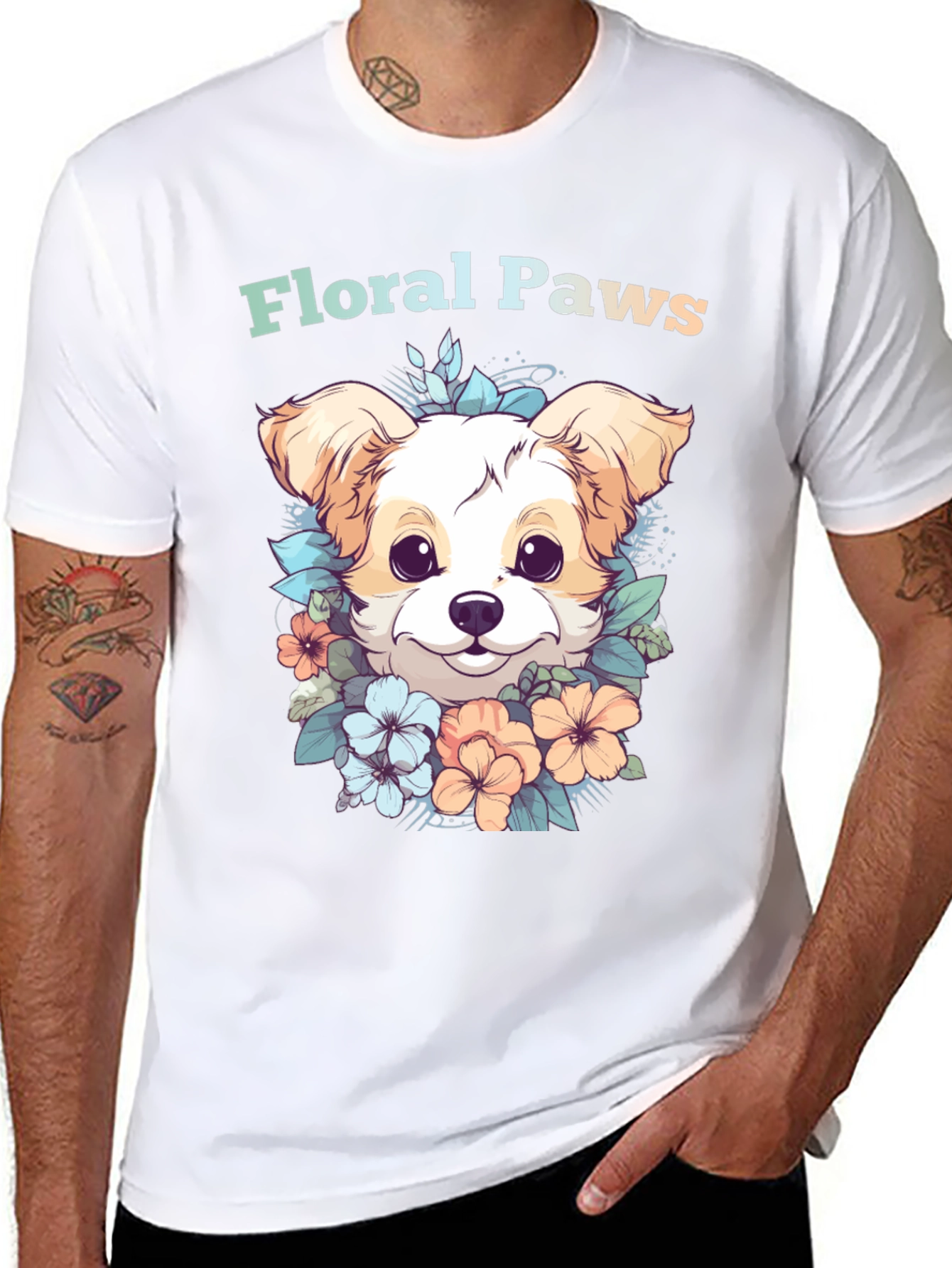 Black Floral Paws Dog Graphic Tee - Cute Puppy Shirt view 8