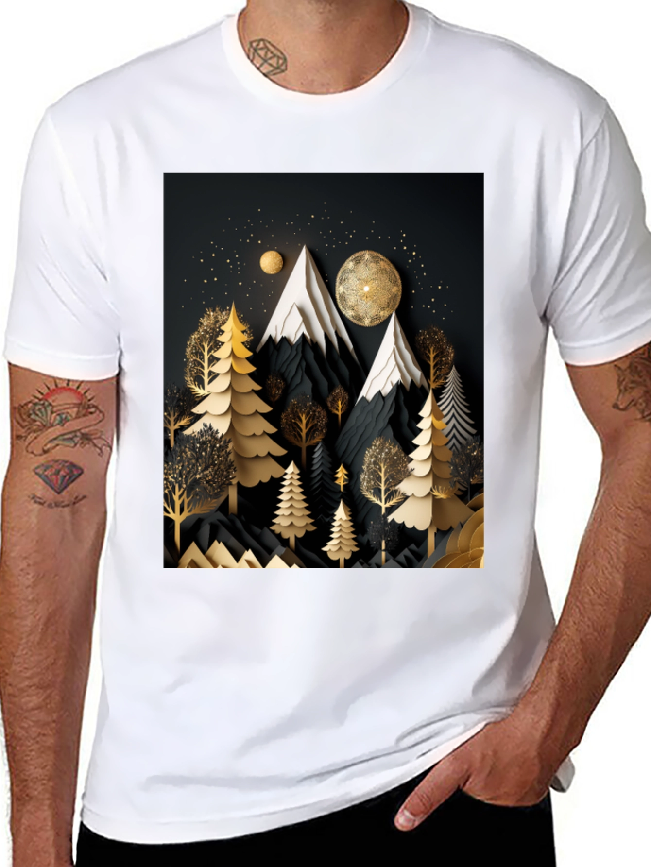 Black Elegant Mountain Forest T-Shirt view 8