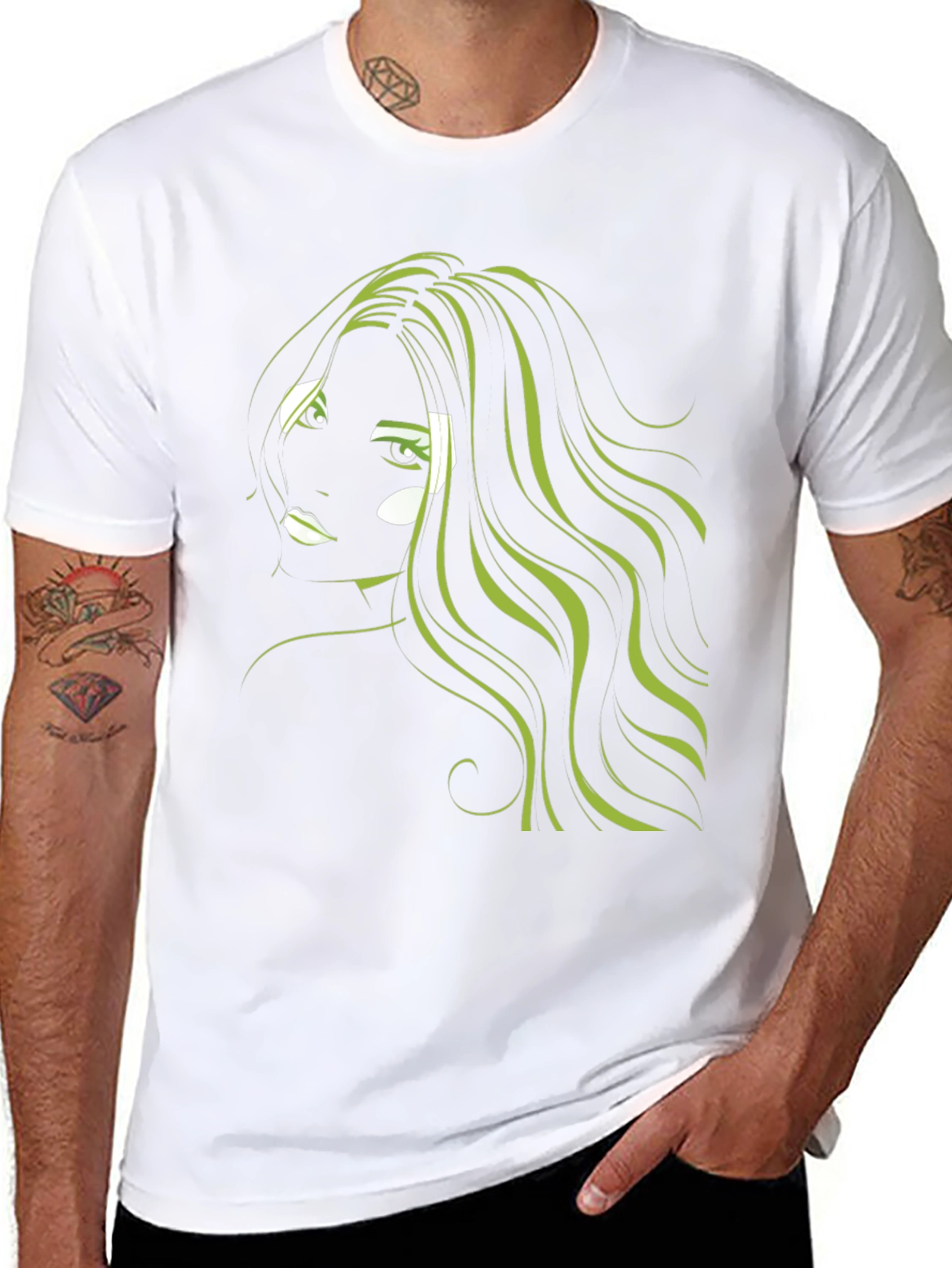 Black Graphic T-Shirt: Green Hair Anime Style view 8