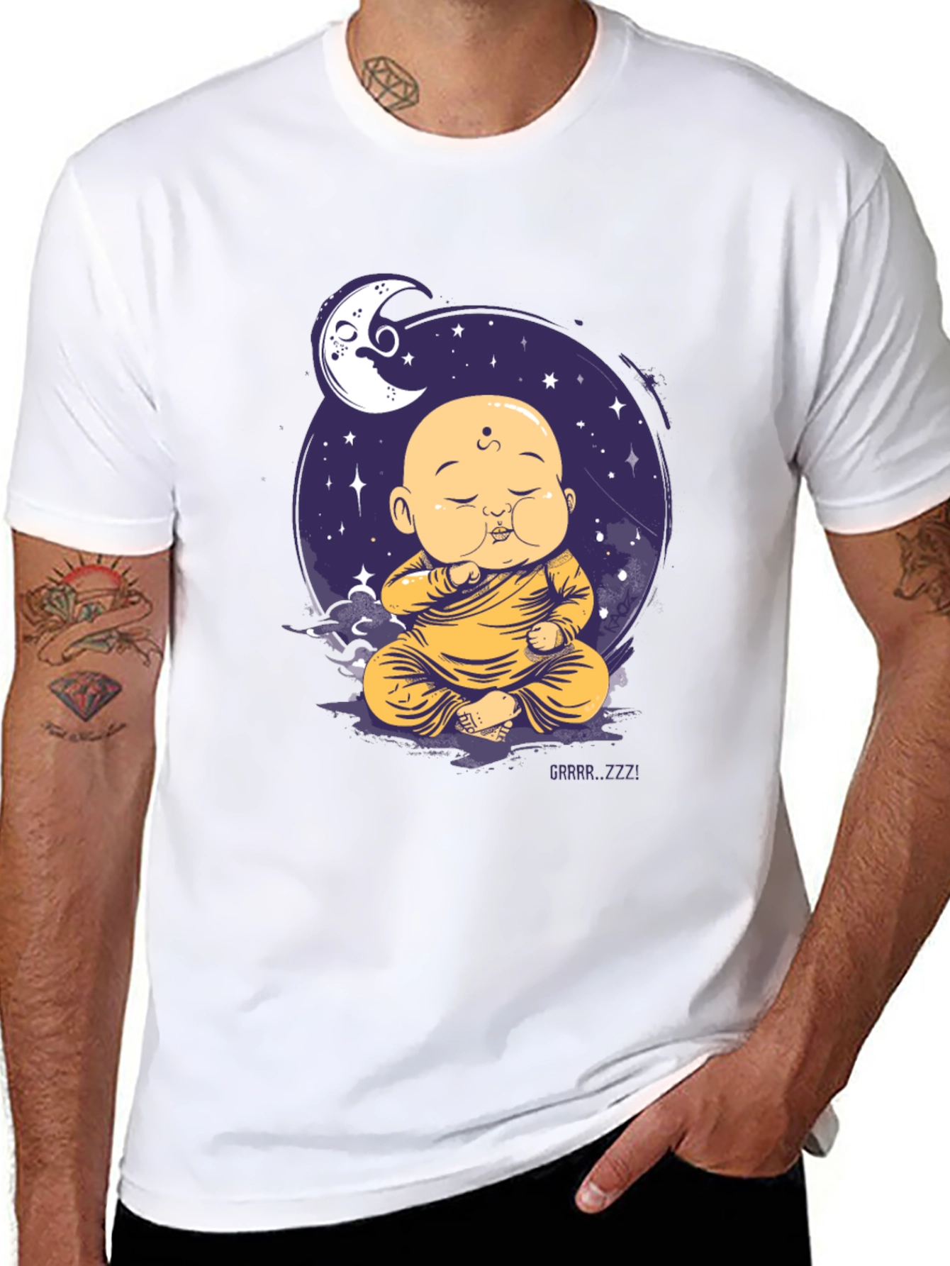 Black Zen Monk Moon T-Shirt - Sleepy Buddha Design view 8