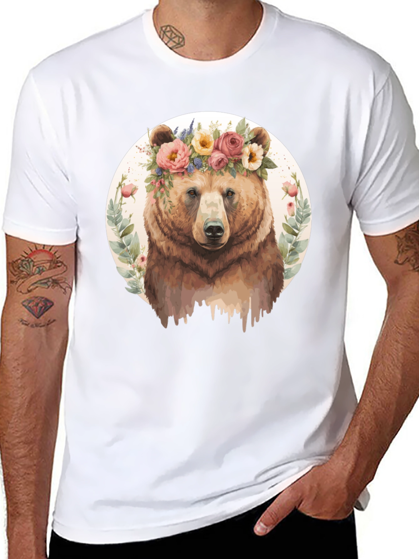 Black Floral Bear Graphic Tee - Men's Black T-Shirt view 8