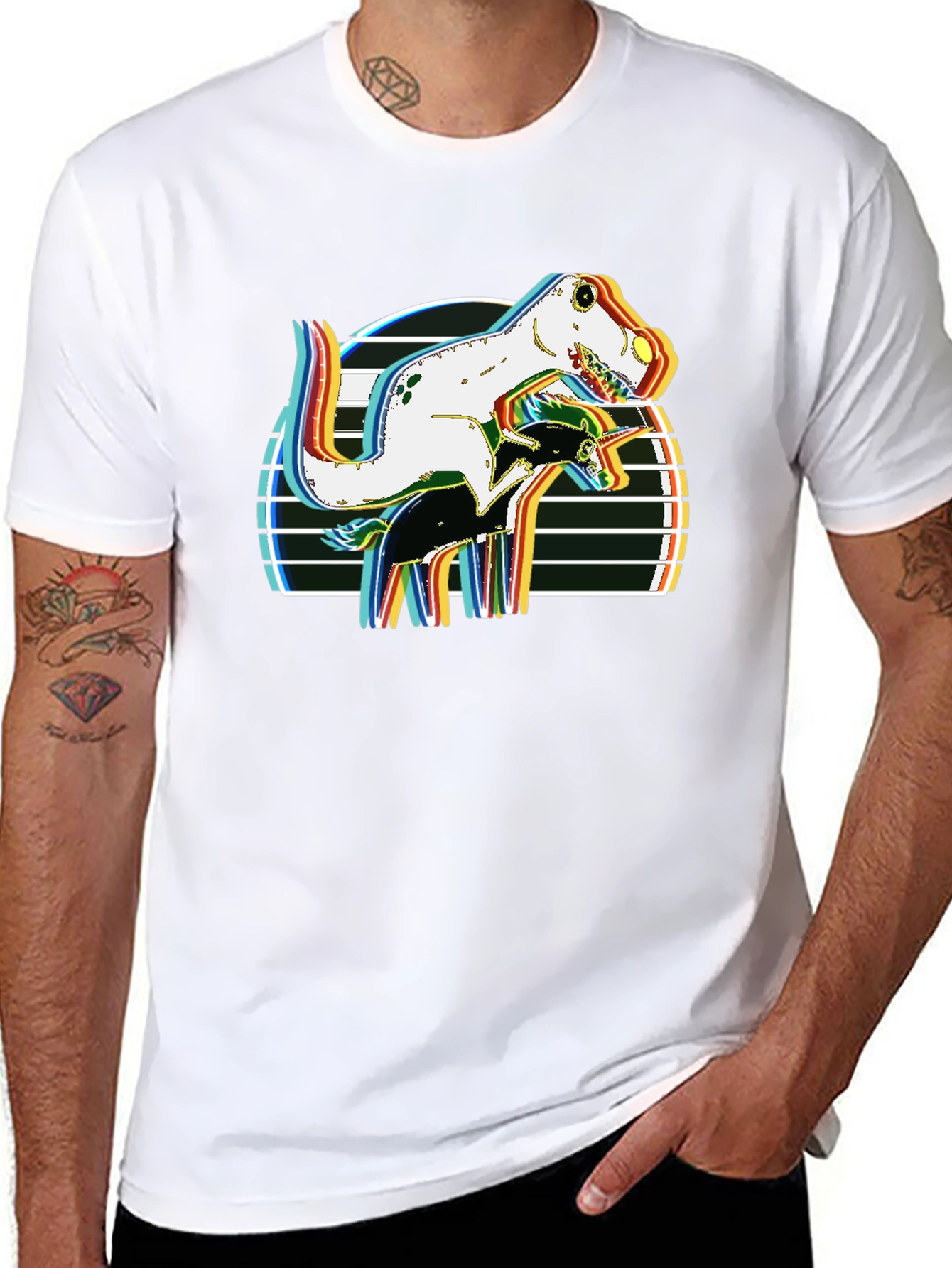 Black Dino Riding Unicorn Retro Style Graphic T-Shirt view 8