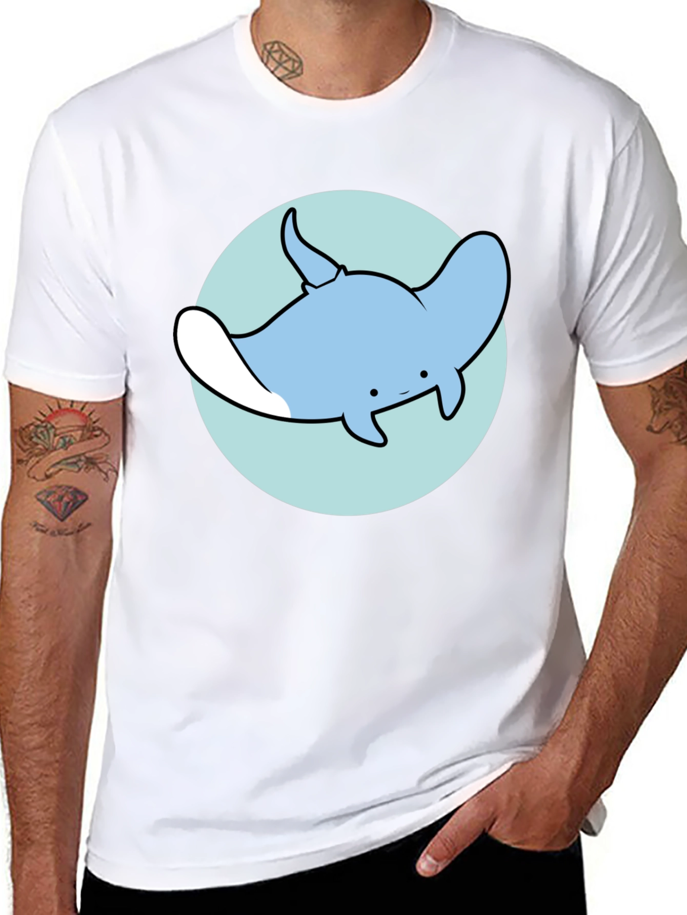 Black Cartoon Manta Ray Graphic Tee - Casual Black T-Shirt view 8