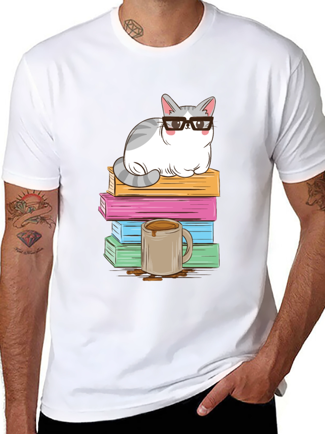 Black Cat with Glasses on Books T-Shirt view 8