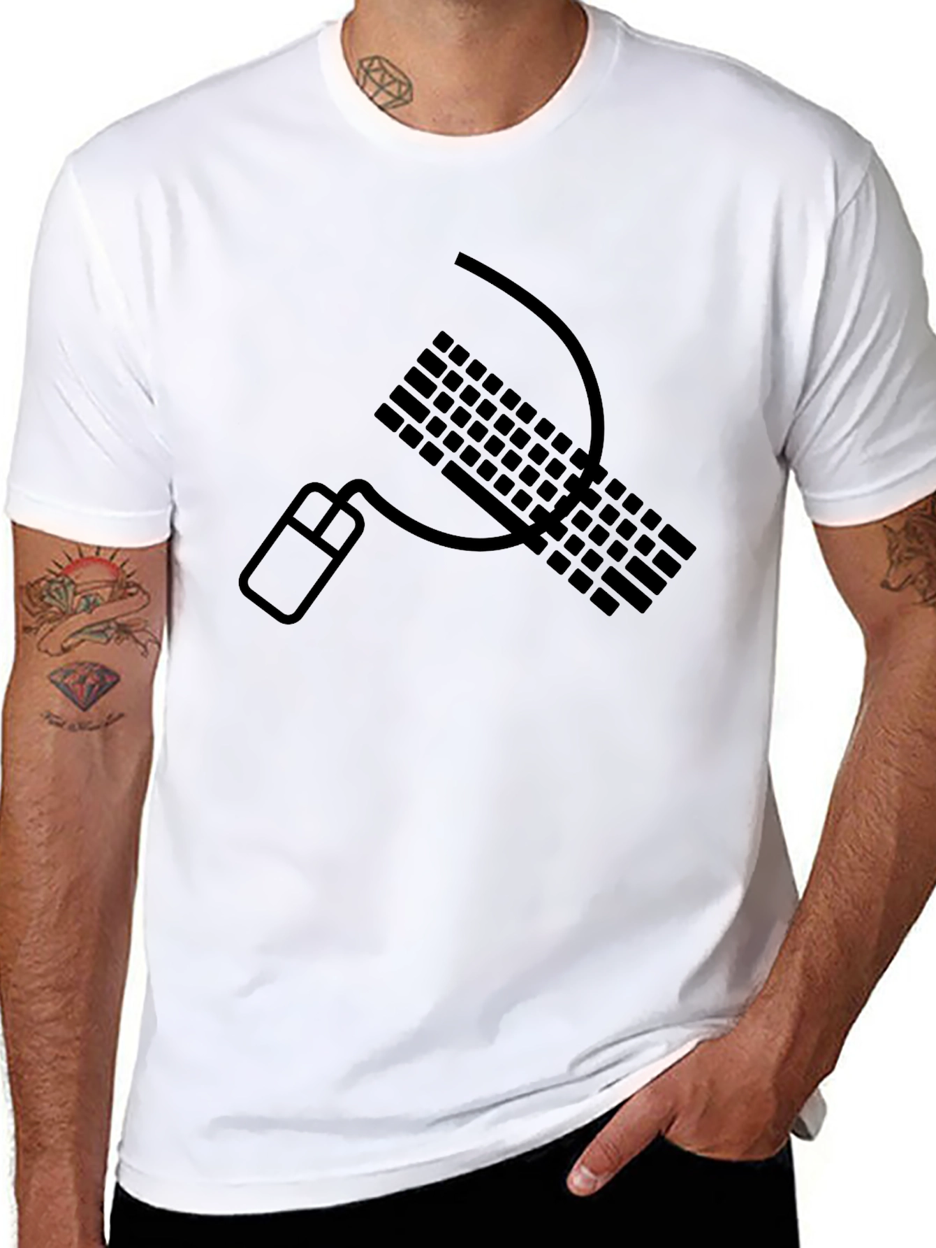 Black Funny Keyboard Hammer and Mouse Sickle T-Shirt view 8