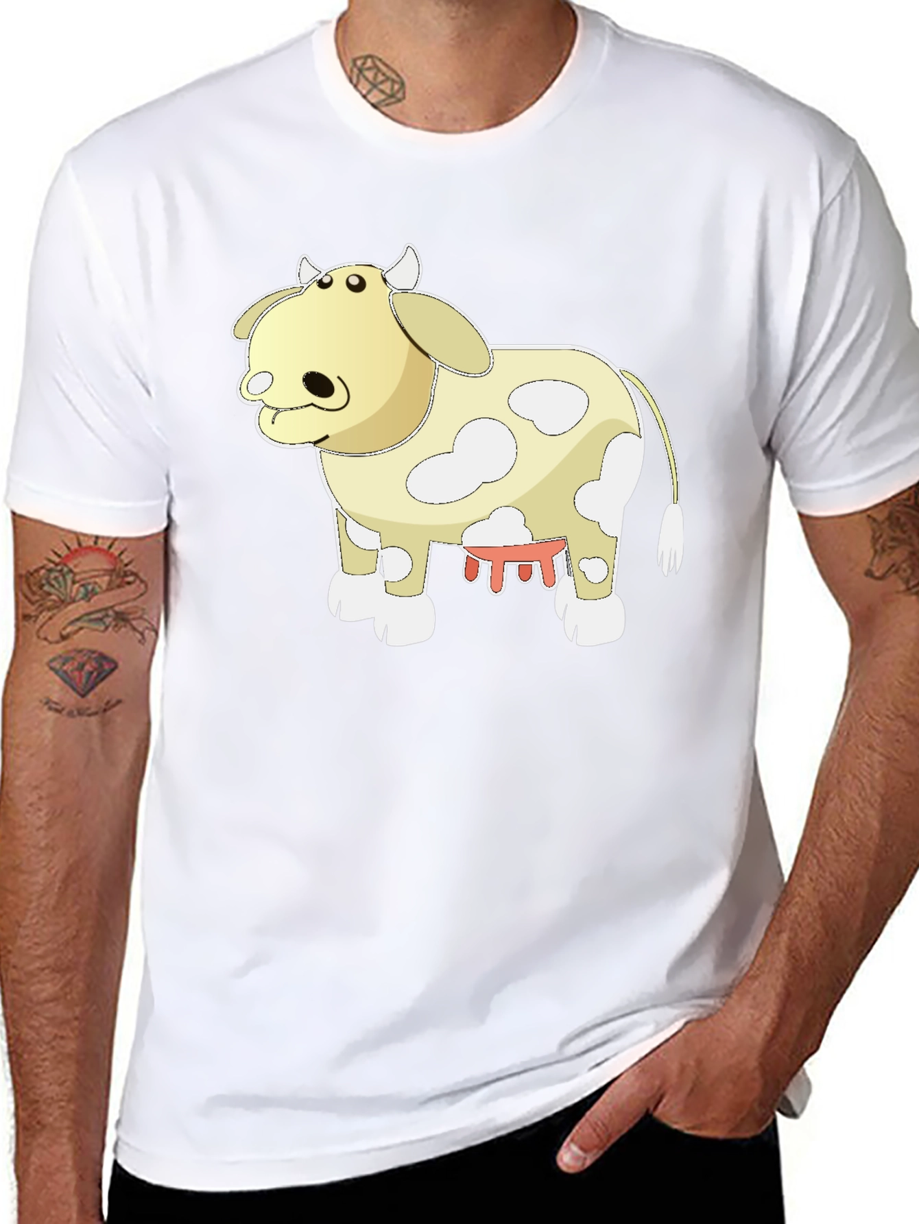 Black Cartoon Cow Graphic Tee - Black Cotton T-Shirt view 8