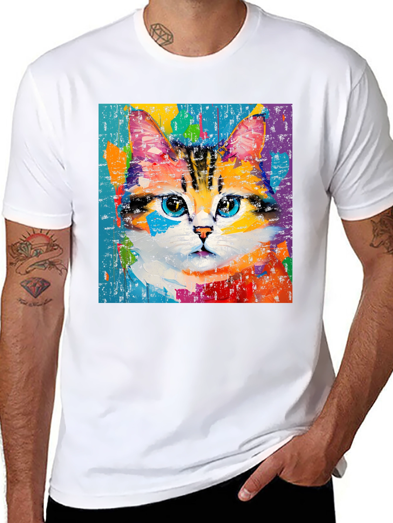 Black Colorful Cat Art T-Shirt view 8