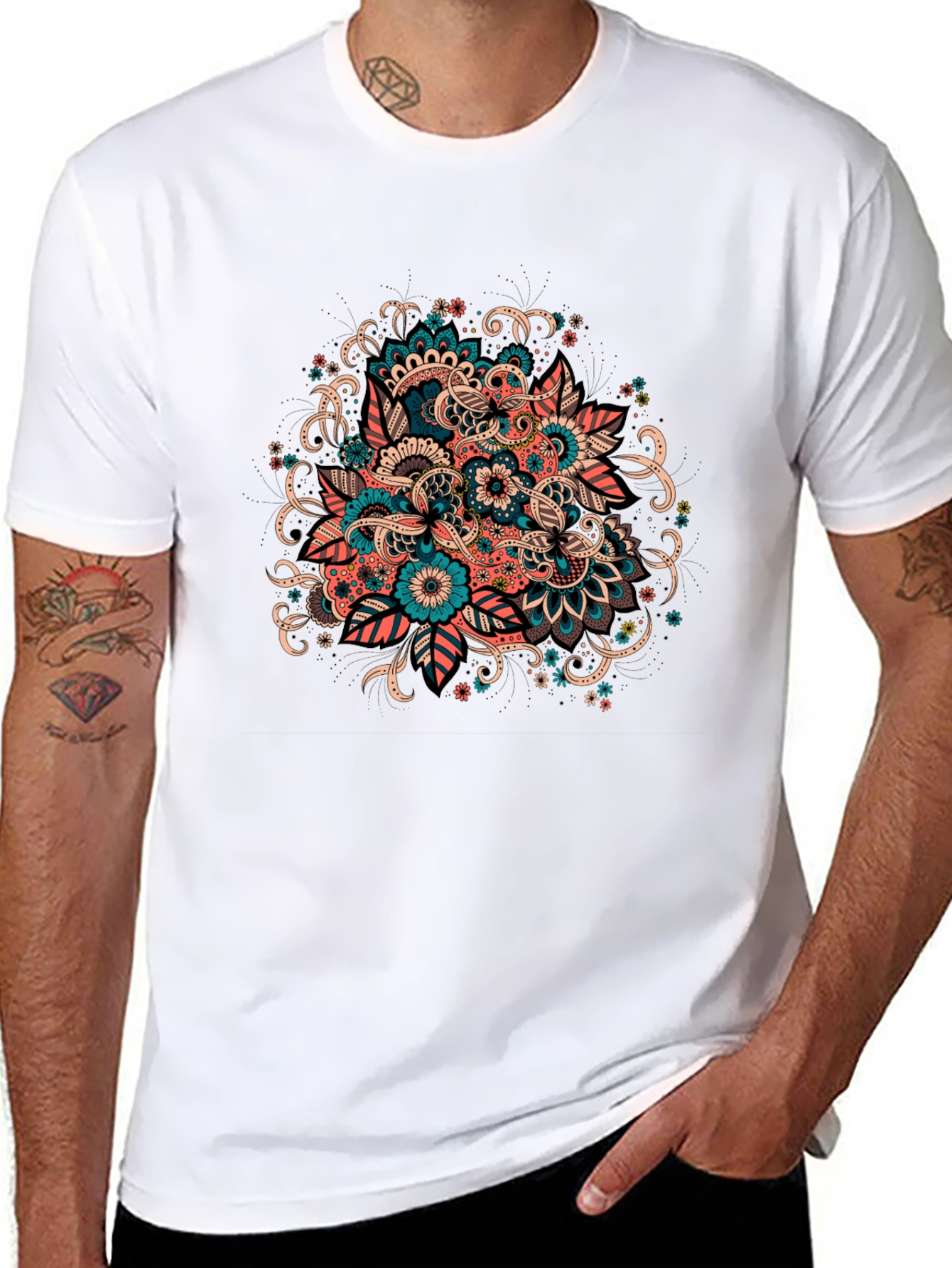 Black Floral Mandala Graphic Tee - Black Cotton T-Shirt view 8