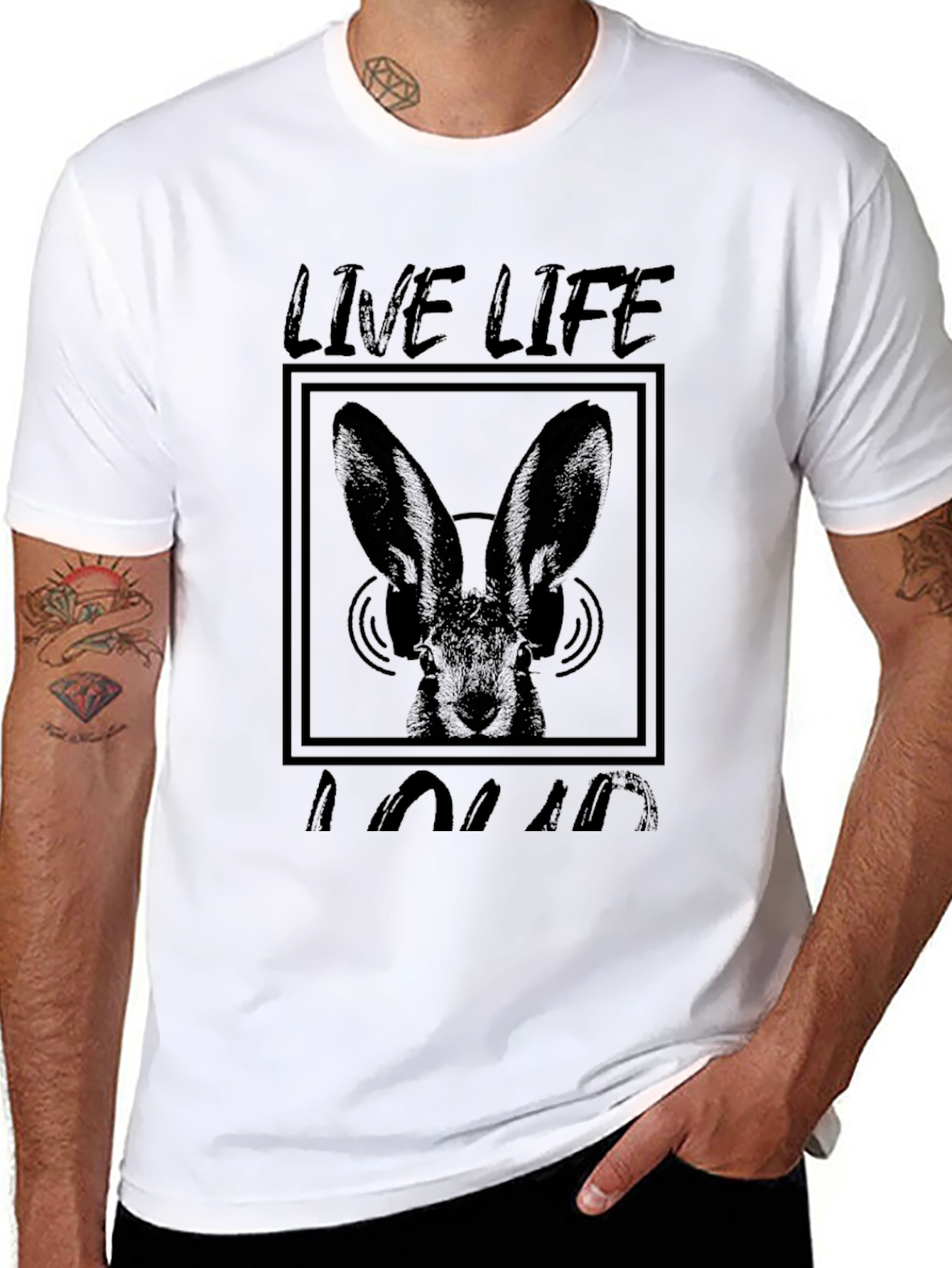 Black Live Life Loud T-Shirt - Rabbit with Headphones view 8