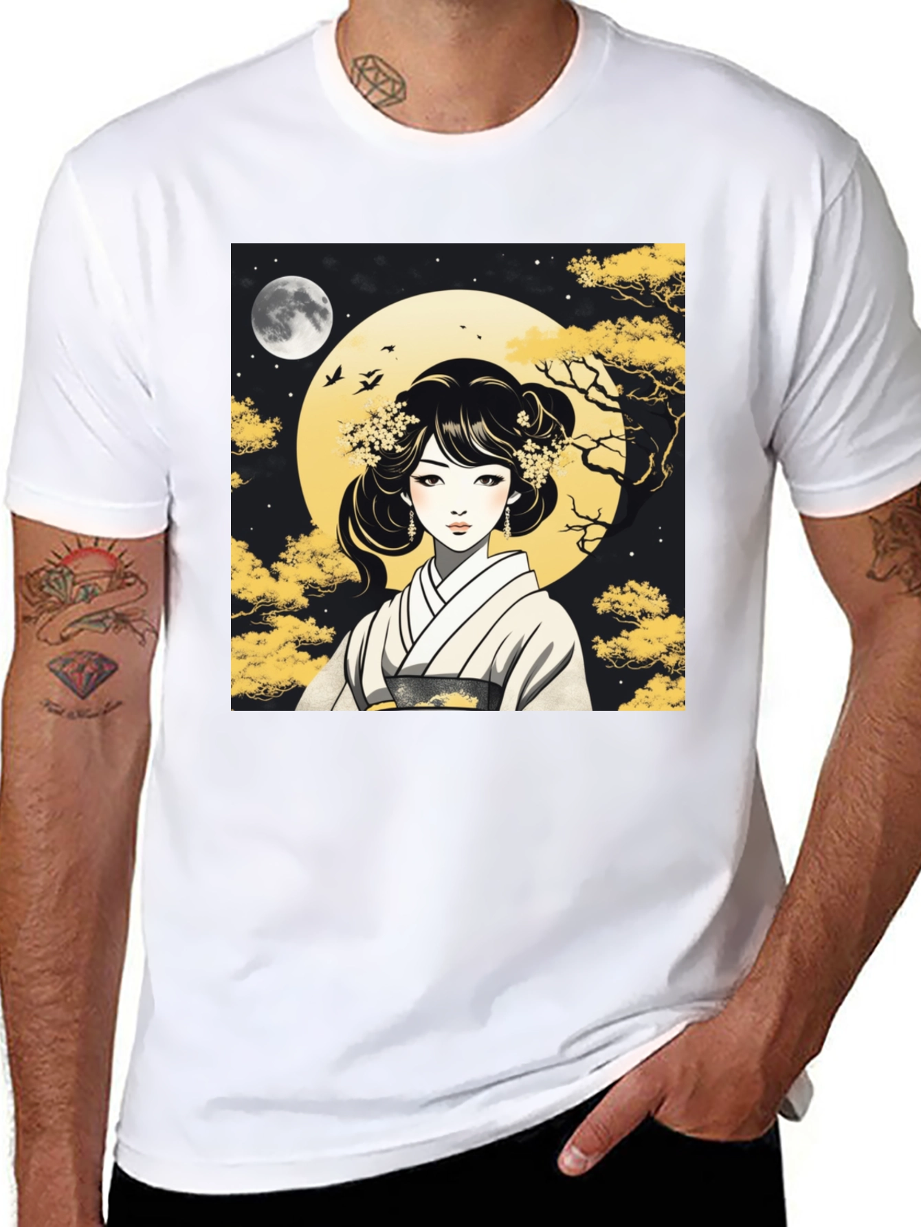 Black Asian Woman T-Shirt - Moonlit Kimono Design view 8