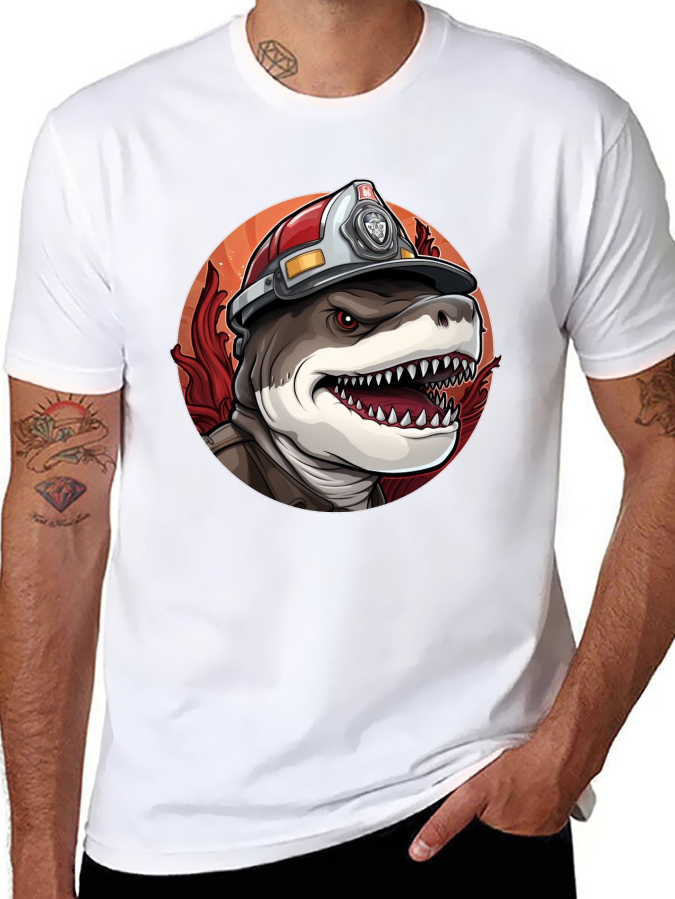 Black Firefighter Shark T-Shirt - Quirky Graphic Tee view 8